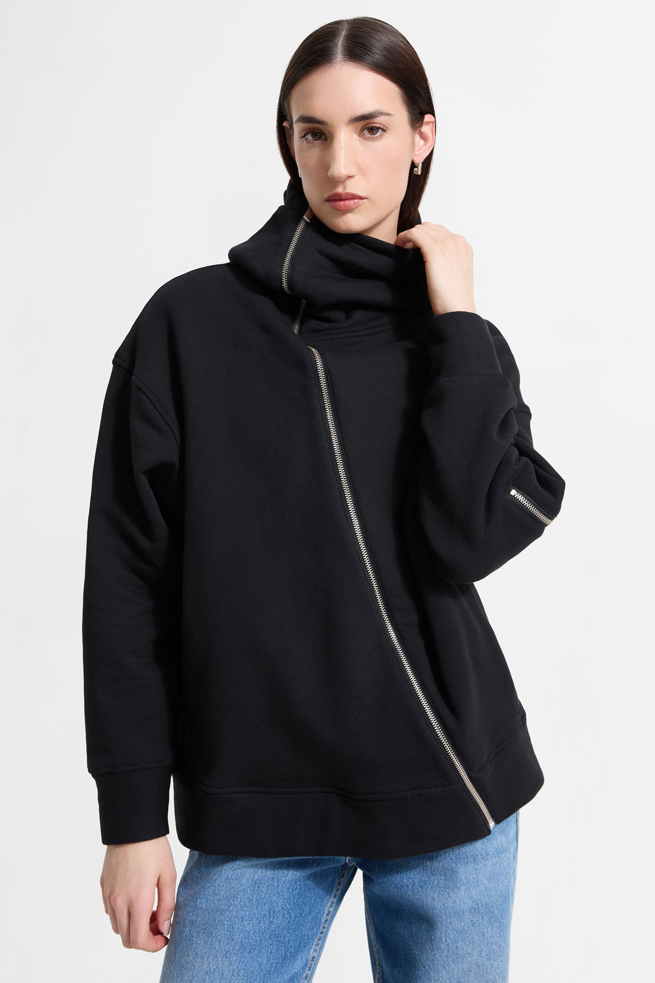 Black Oversized Zip-Up Sweatshirt with Hood - Dupont Hoodie | Marcella