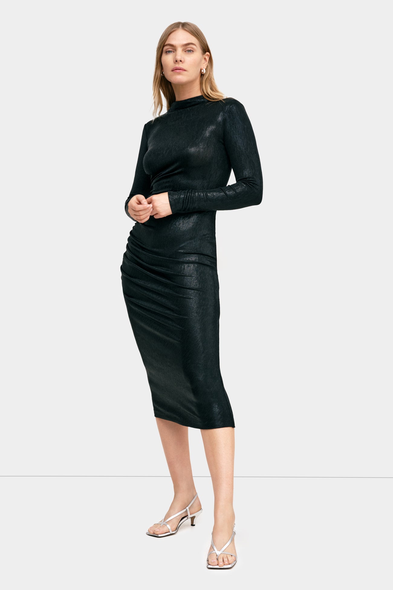 Adalyn Metallic Long Sleeve Body-Con Dress in Onyx Adalyn Metallic Long Sleeve Body-Con Dress in Onyx