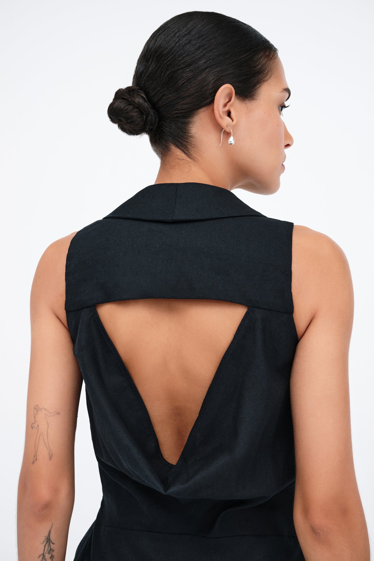 knee length dresses for ladies Marcella | Black Linen Midi Dress | Wrap V-Neck Sleeveless Belted Dress | European Linen Blend