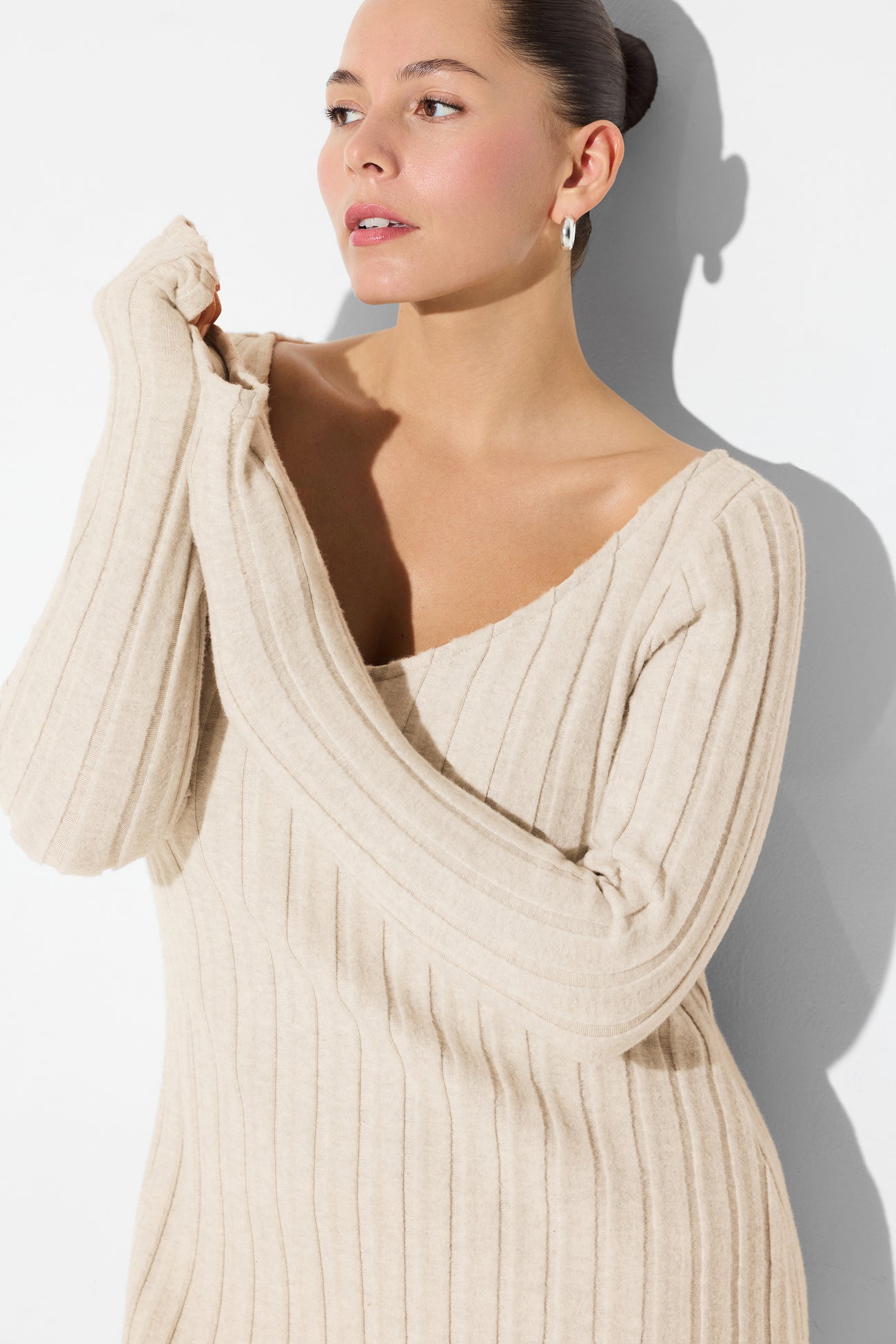 Marcella | Penelope Long Sleeve Dress in Oat | Women's Size Small | European Ribbed Jersey