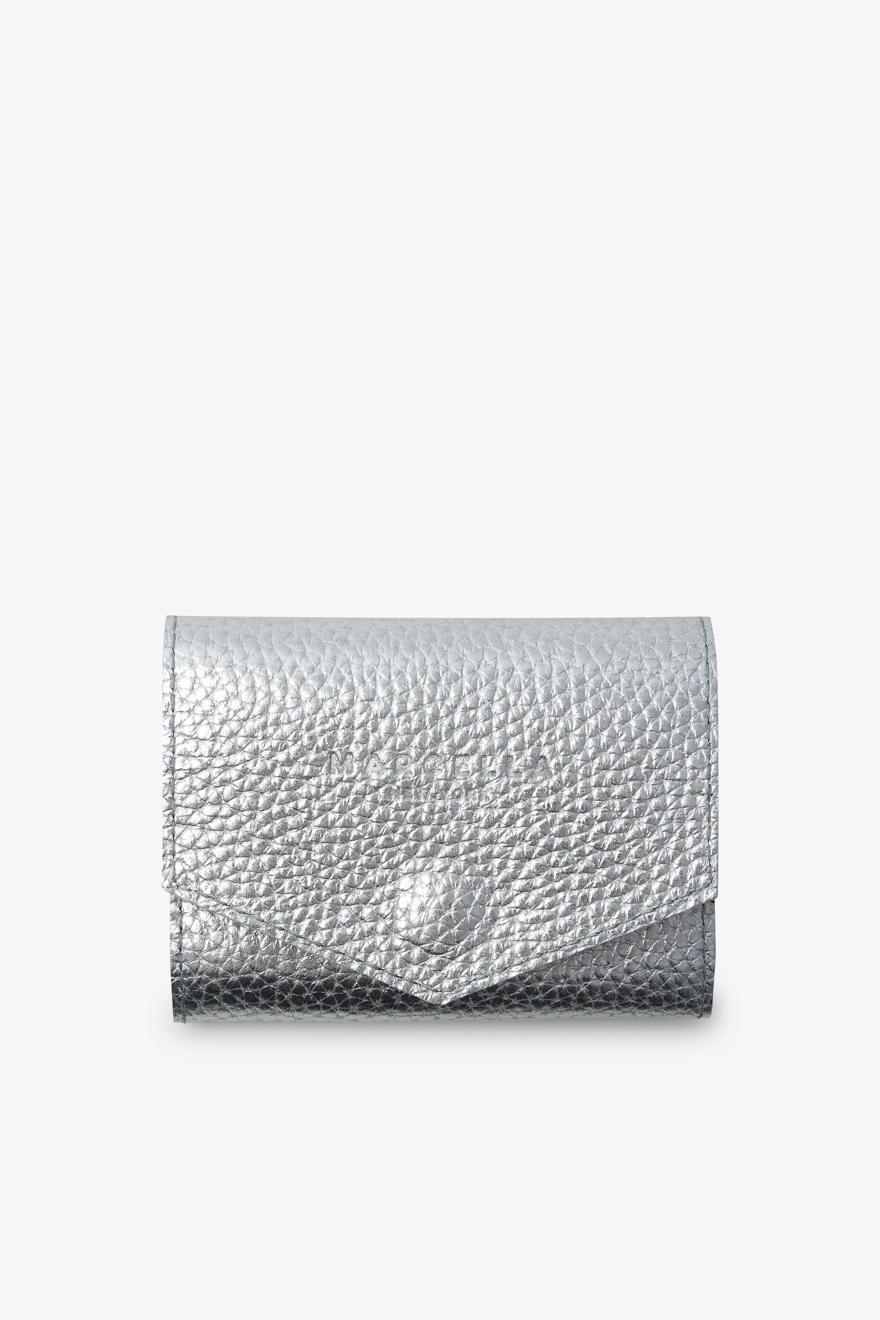 Silver metallic jewelry pouch with textured crackle finish and envelope-style flap closure.