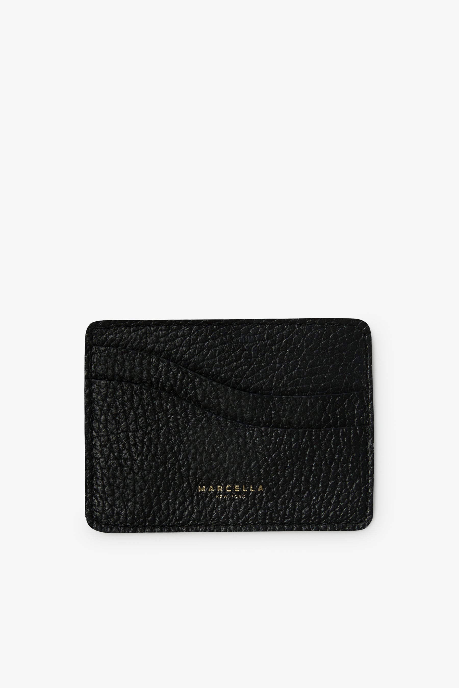 Black pebbled leather card holder with rounded corners and card slots, stamped with maker's mark.