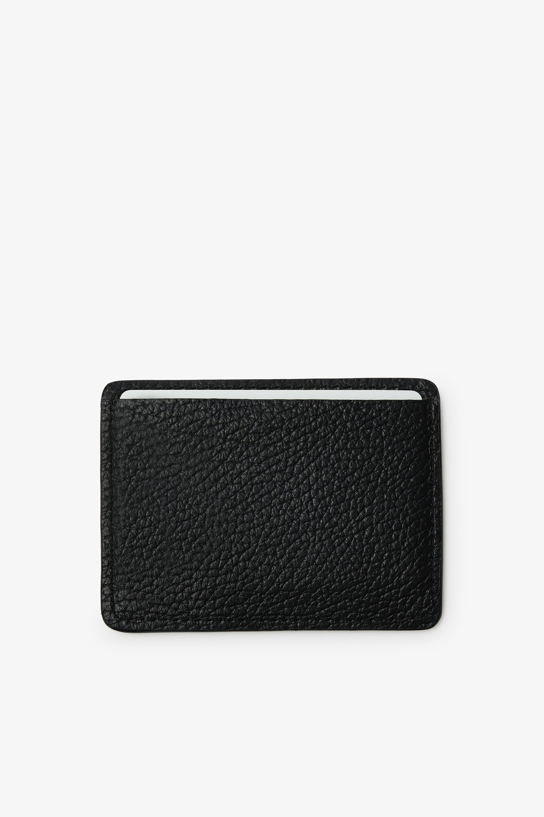 Black leather card holder with textured surface and horizontal card slot on front.