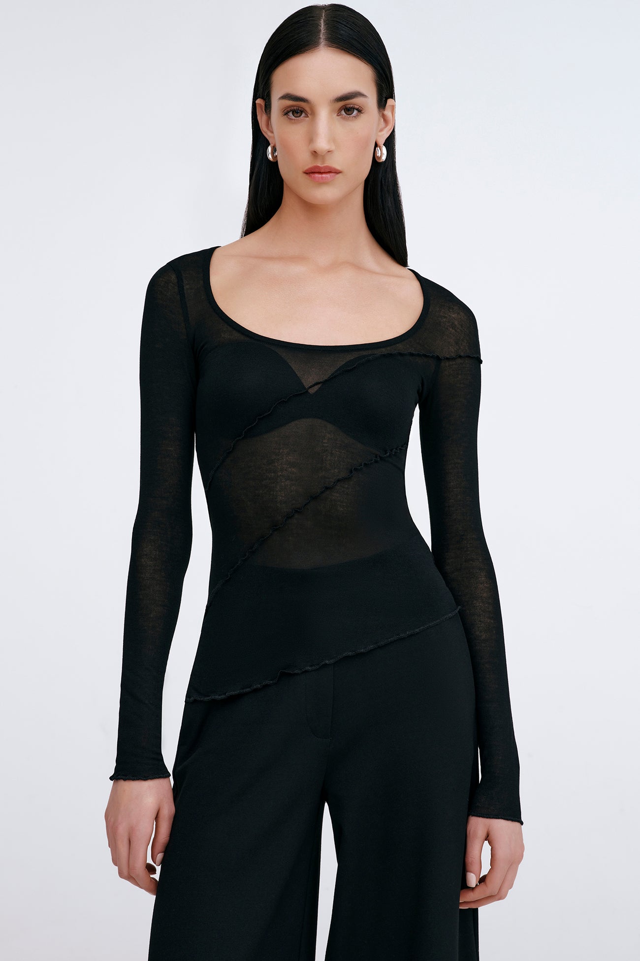 Black Scoop Neck Long Sleeve Top - Melody Sheer Top | Marcella