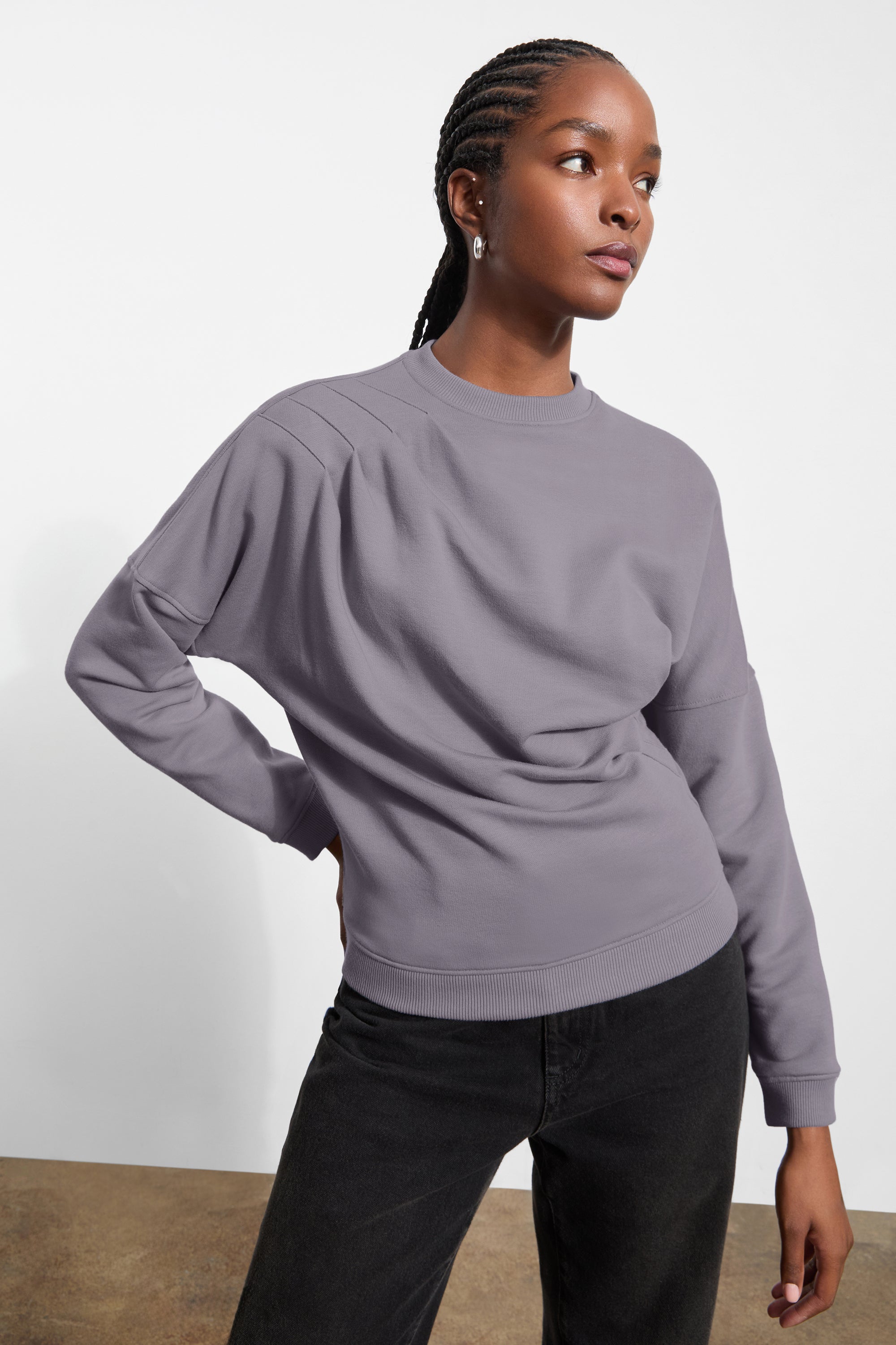 Fog Grey Draped Pullover Sweatshirt Top - Brynn Sweatshirt | Marcella
