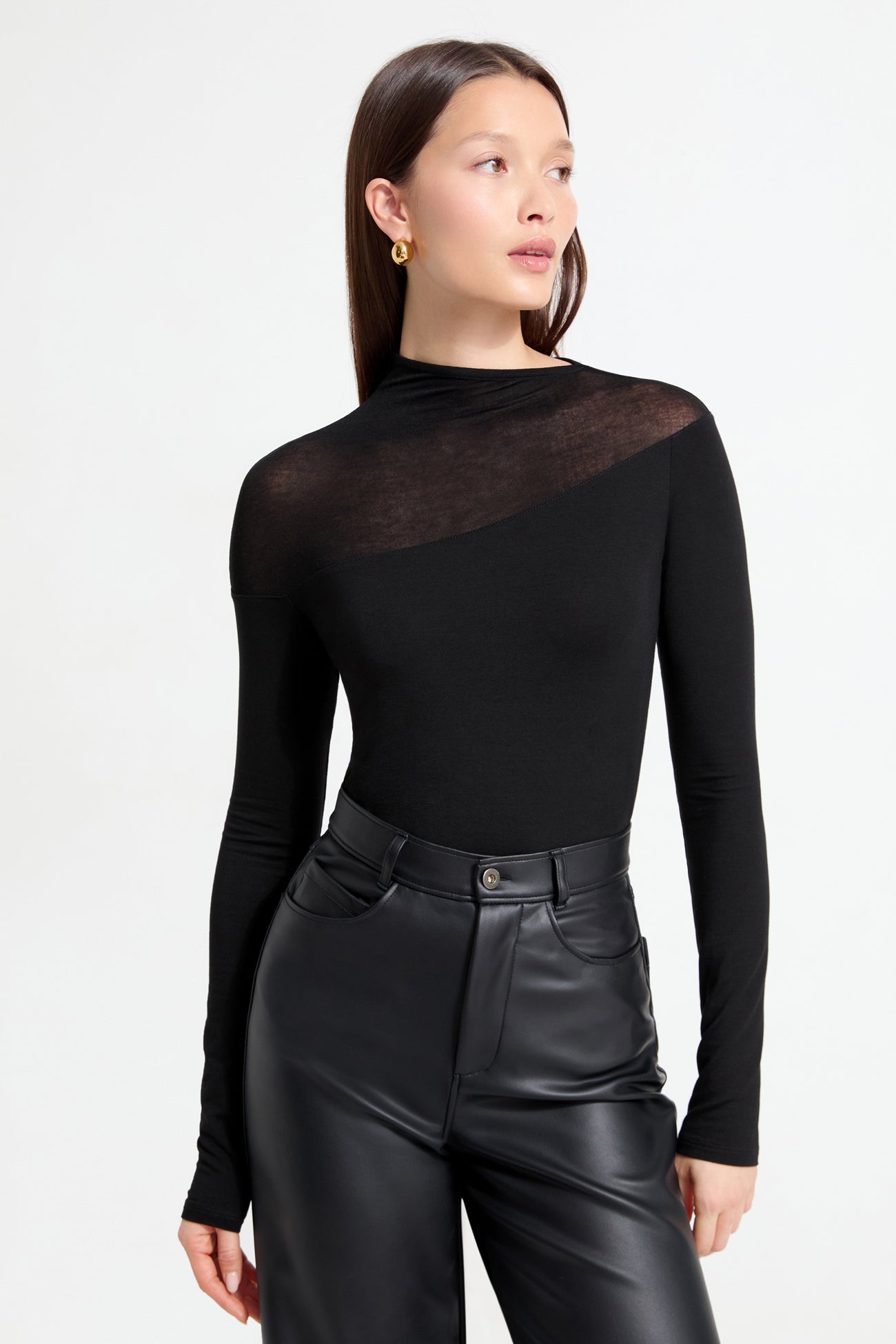 Women's Black Sheer Mock Neck Top | Marcella