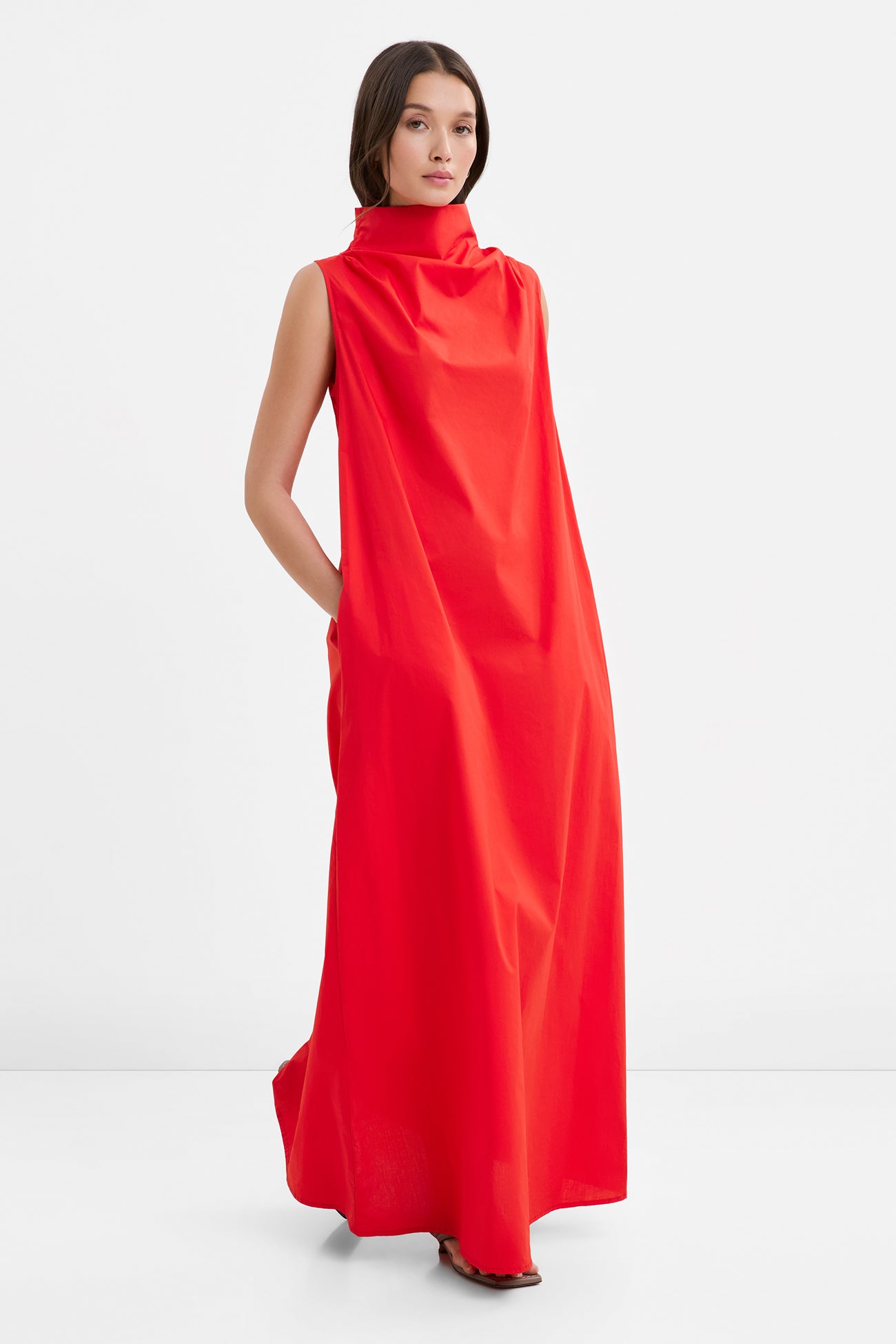 red cotton sleeveless dress Brick Red Cotton Paneled Sleeveless Maxi Dress 48" / Custom Height (Free)