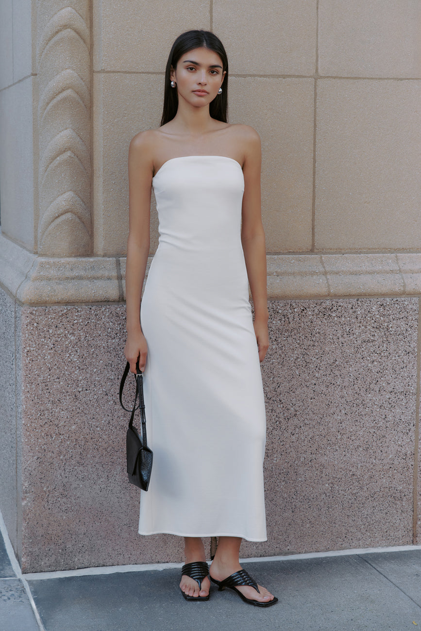 Marcella | Alba Dress | Strapless Midi Fitted Dress | Black and White | Wrinkle-Resistant Ponte Fabric