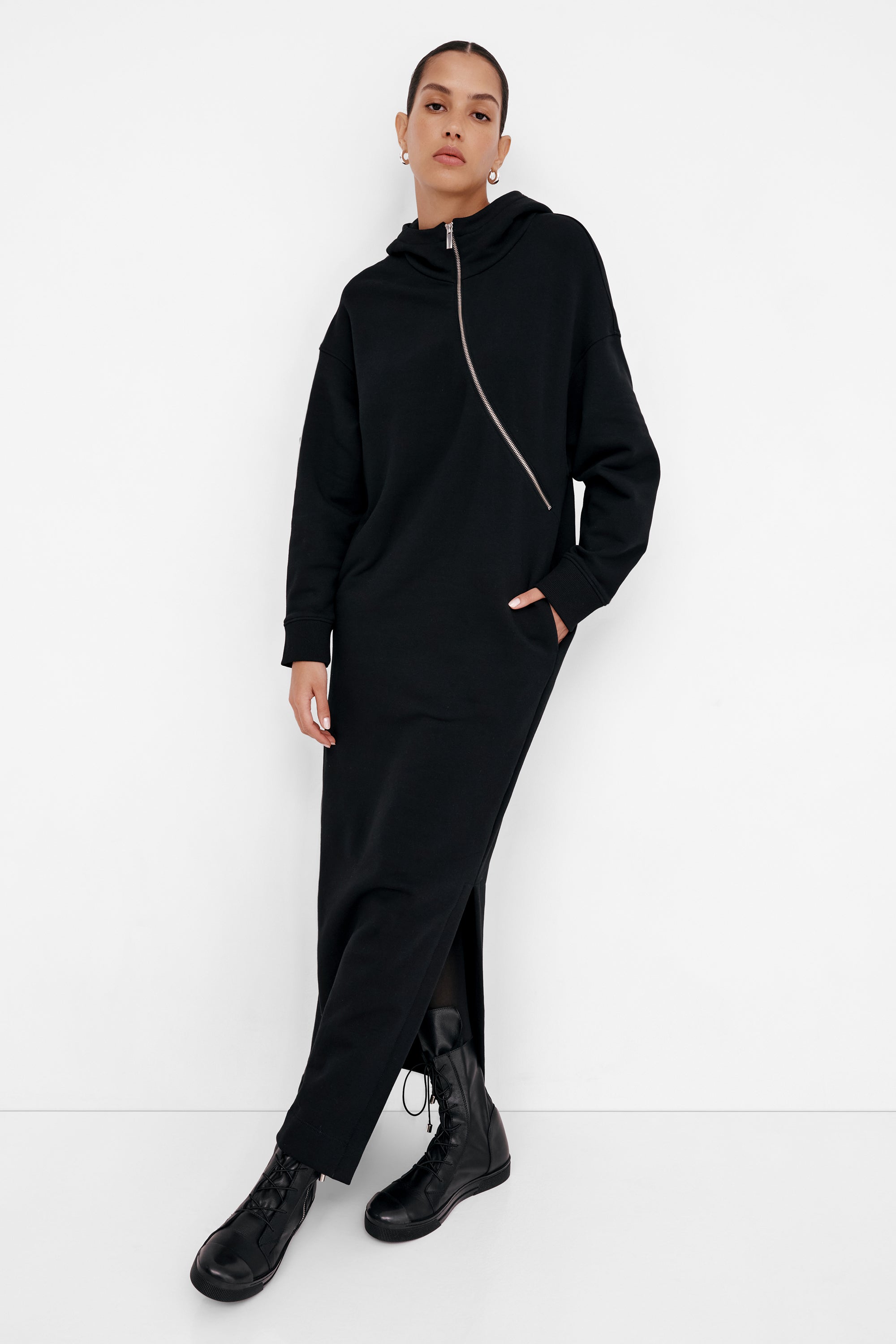 Marcella | Pell Long Sleeve Sweatshirt Dress in Black | Women's Size Medium | Midweight French Terry