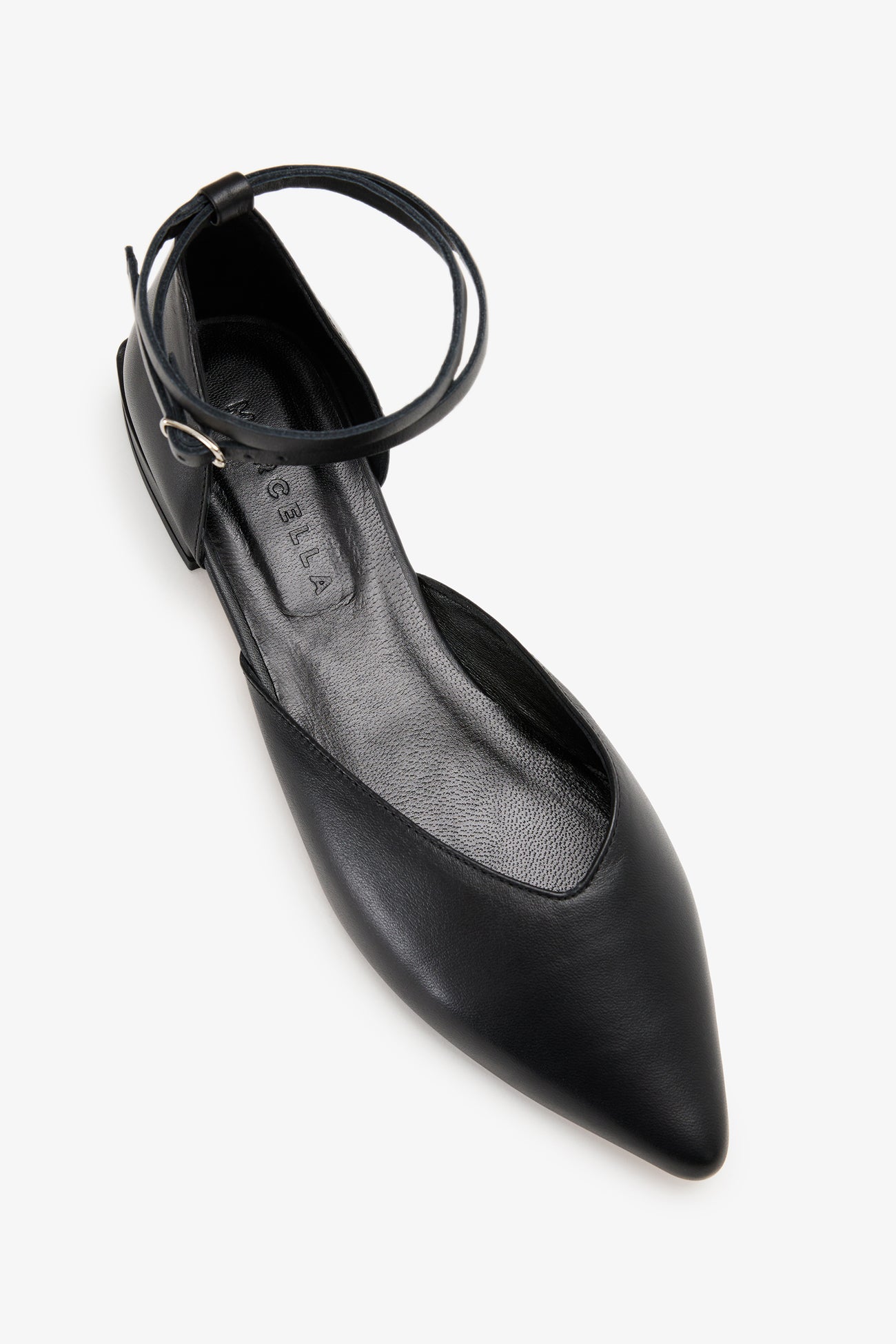 Black Leather Pointed Toe Ankle Strap Sandals Kerry Flats Marcella