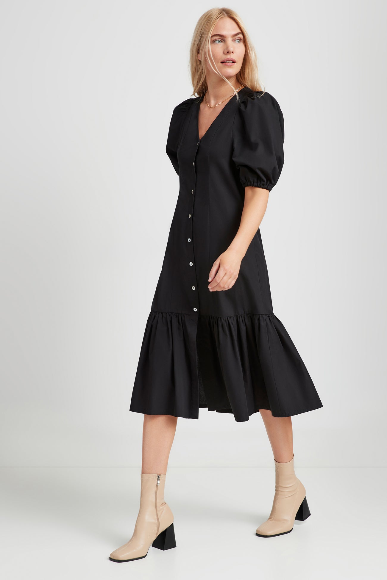 tiered puff sleeve cotton midi dress Short Puff Sleeve Round Neck Tiered Midi Dress