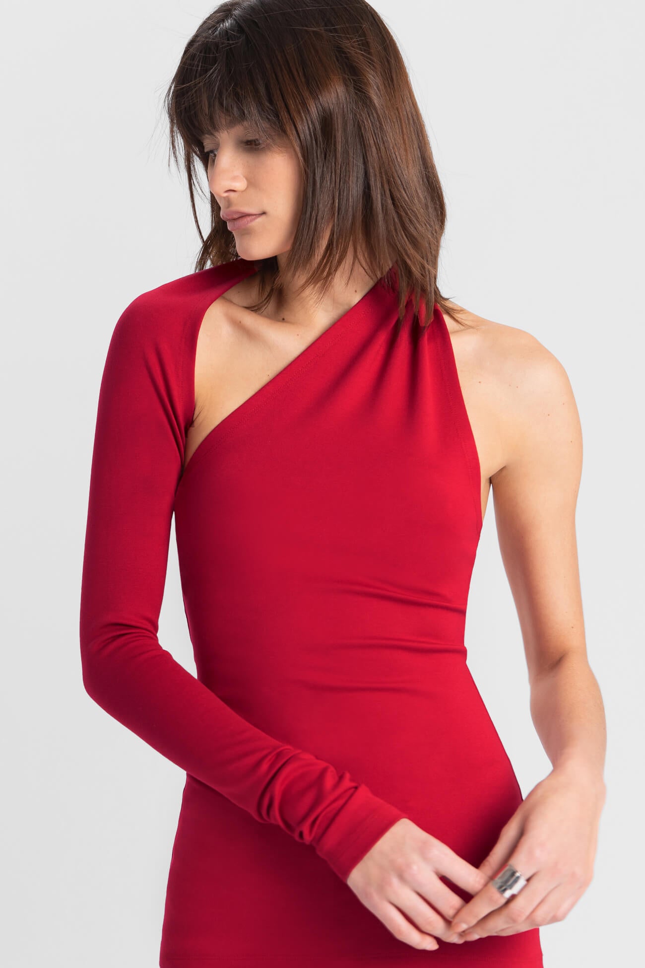 Marcella | Manhattan One Shoulder Fitted Top Black in Red | Women's Size Small | Sustainable European Jersey