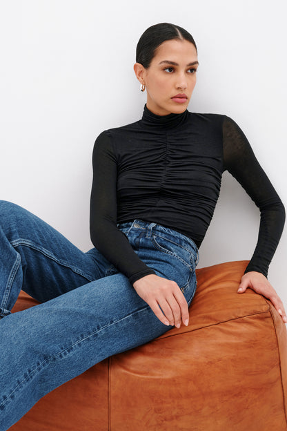 Black Long Sleeve Fitted Ruched Turtleneck - Rhea Top | Marcella