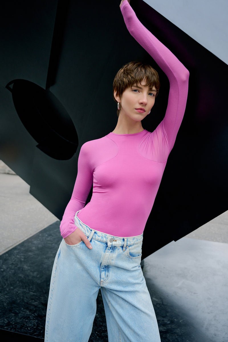 Hot Pink Long Sleeve Sheer Panel Top Yada Top Marcella