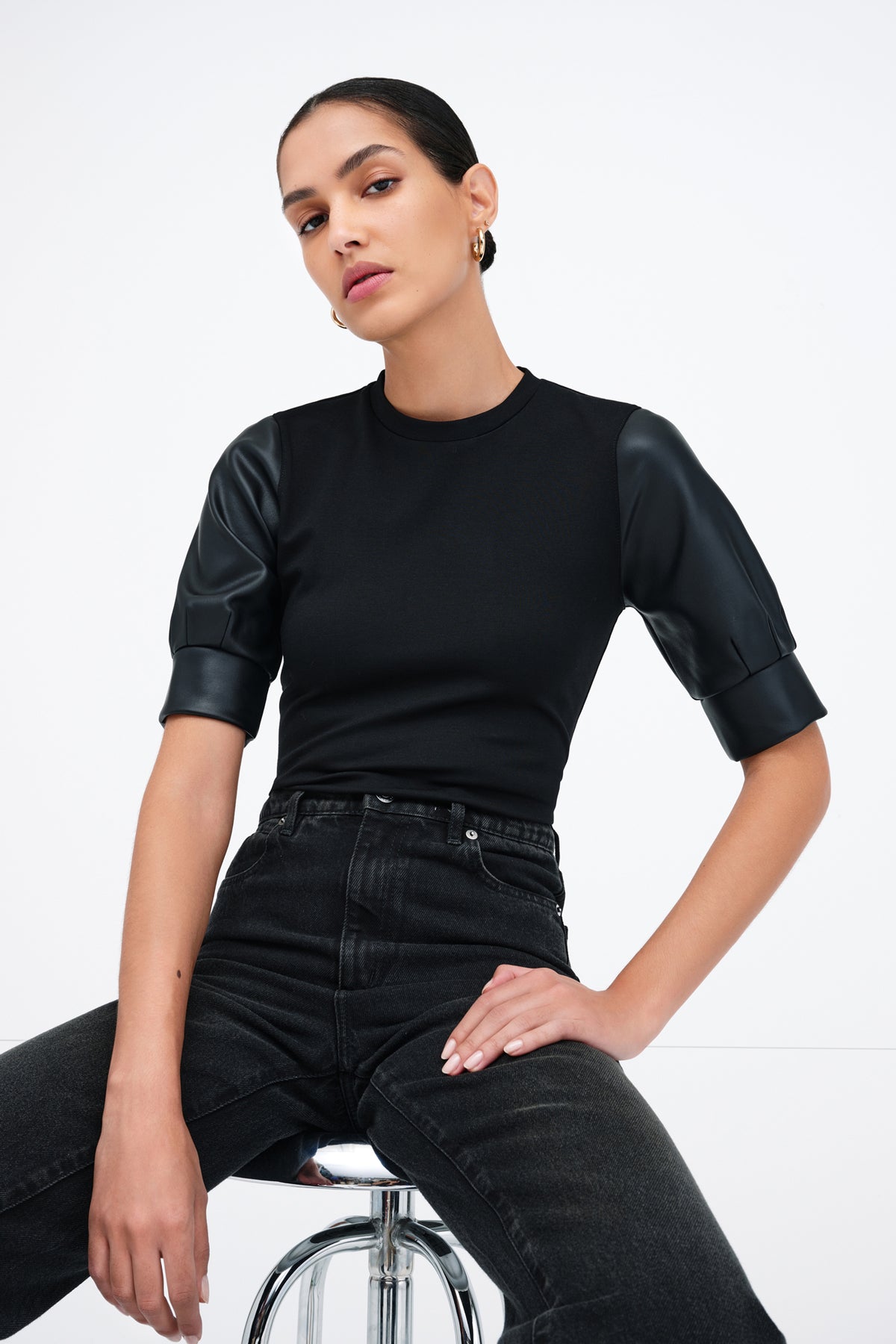 Women's Crewneck European Vegan Leather Sleeve Top - Trove Top | Marcella