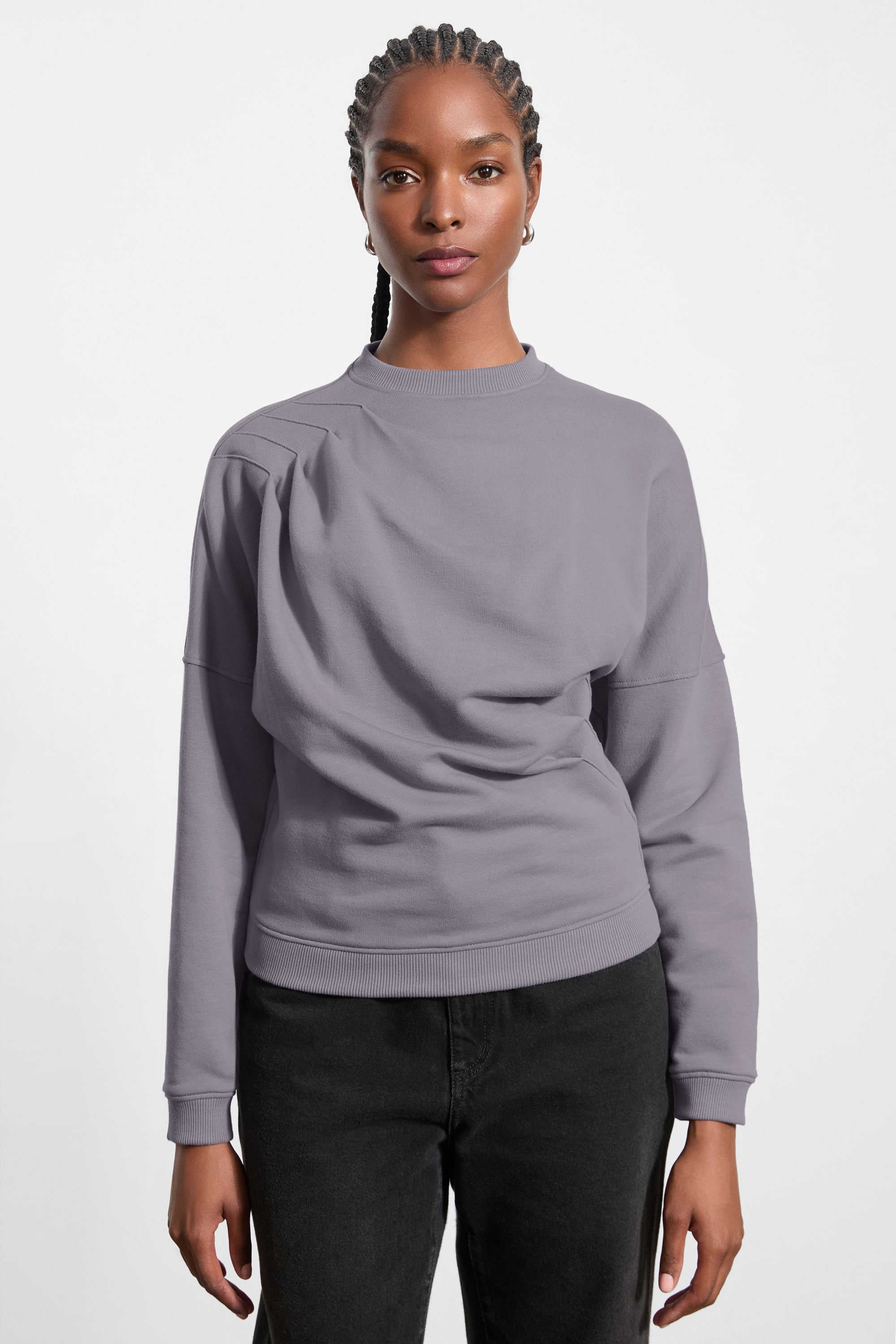 SPECAL GUEST EASY CREWNECK グレー Fog Grey Draped Pullover Sweatshirt Top - Brynn Sweatshirt | Marcella
