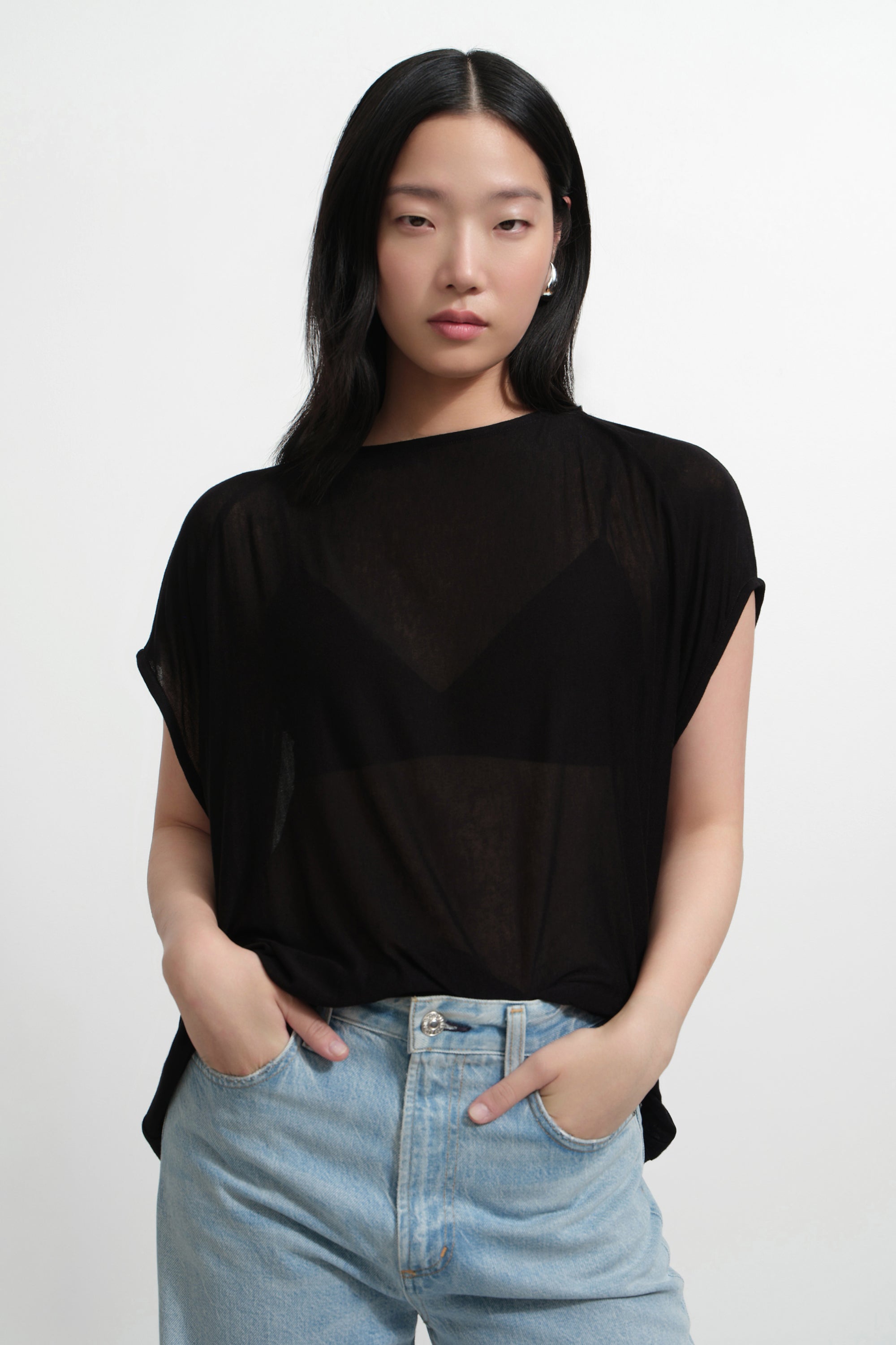 Harbor Zero-Waste Pattern Top | Black Sheer Relaxed Tee