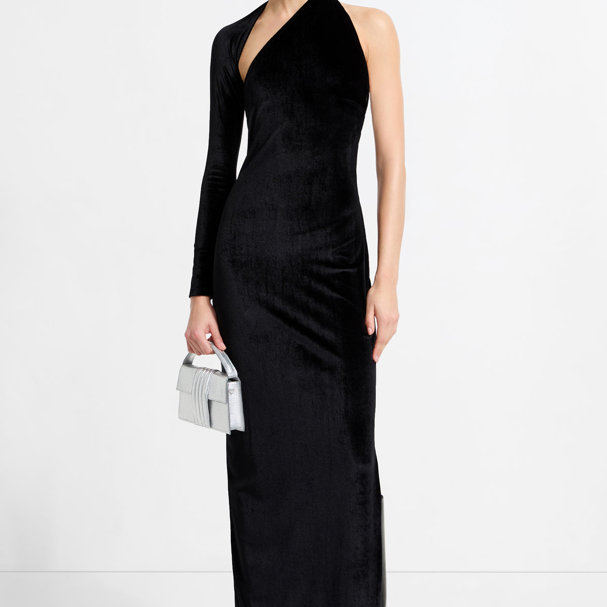 open lace back dress Women's Black Velvet One Shoulder Gown