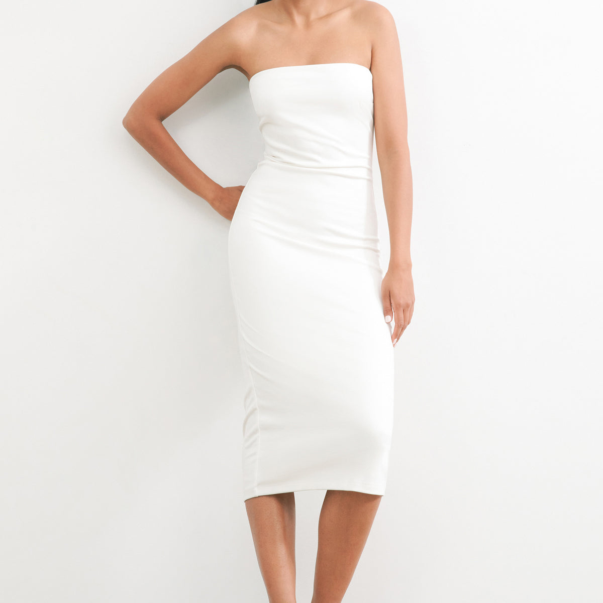 helena strapless midi dress in white Helena Strapless Midi Dress In White