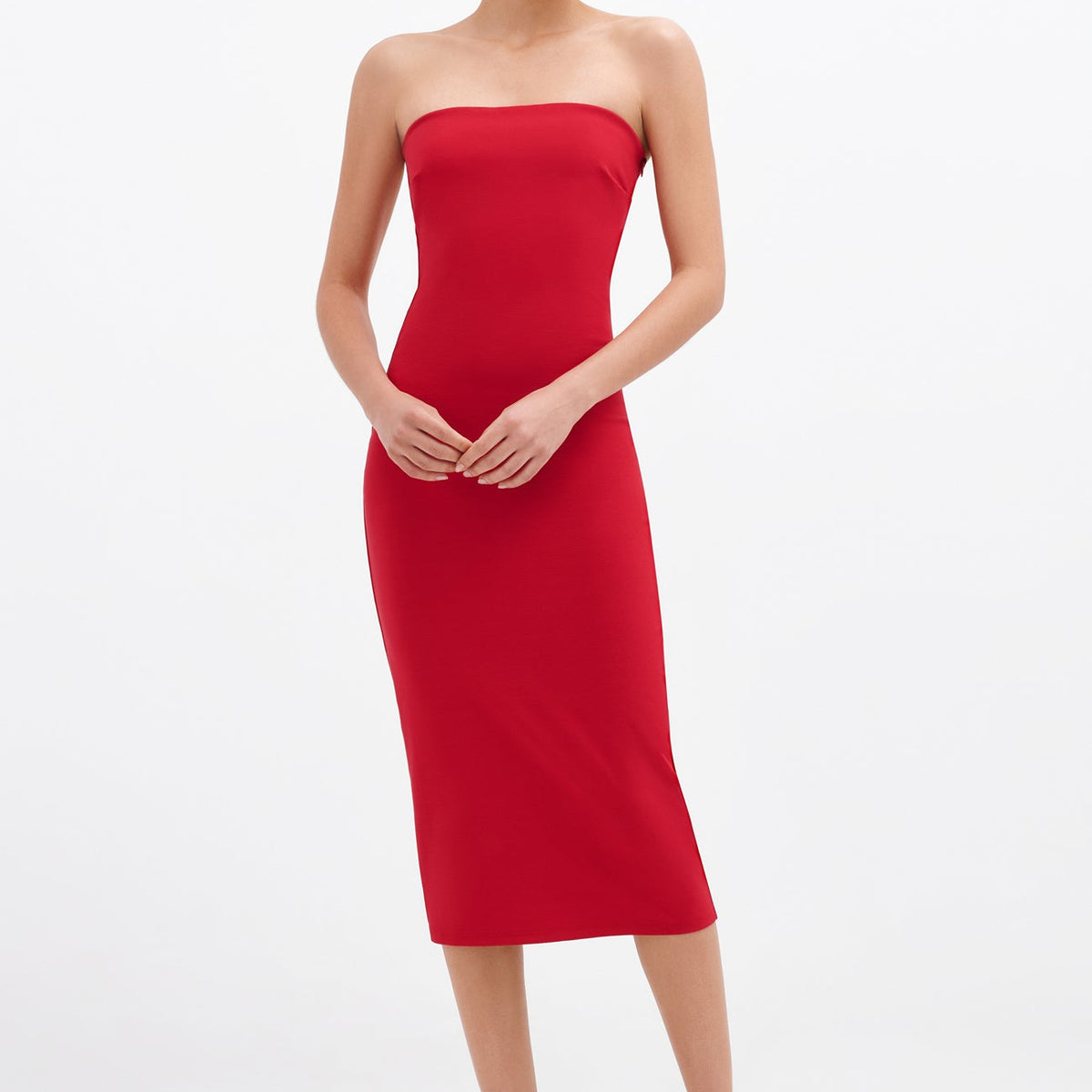 red strapless midi dress Marcella | Natalia Dress | Wedding Guest | Cocktail Party | Midi Dress | Strapless Fitted Dress | Off White | Size XXXL | Ponte