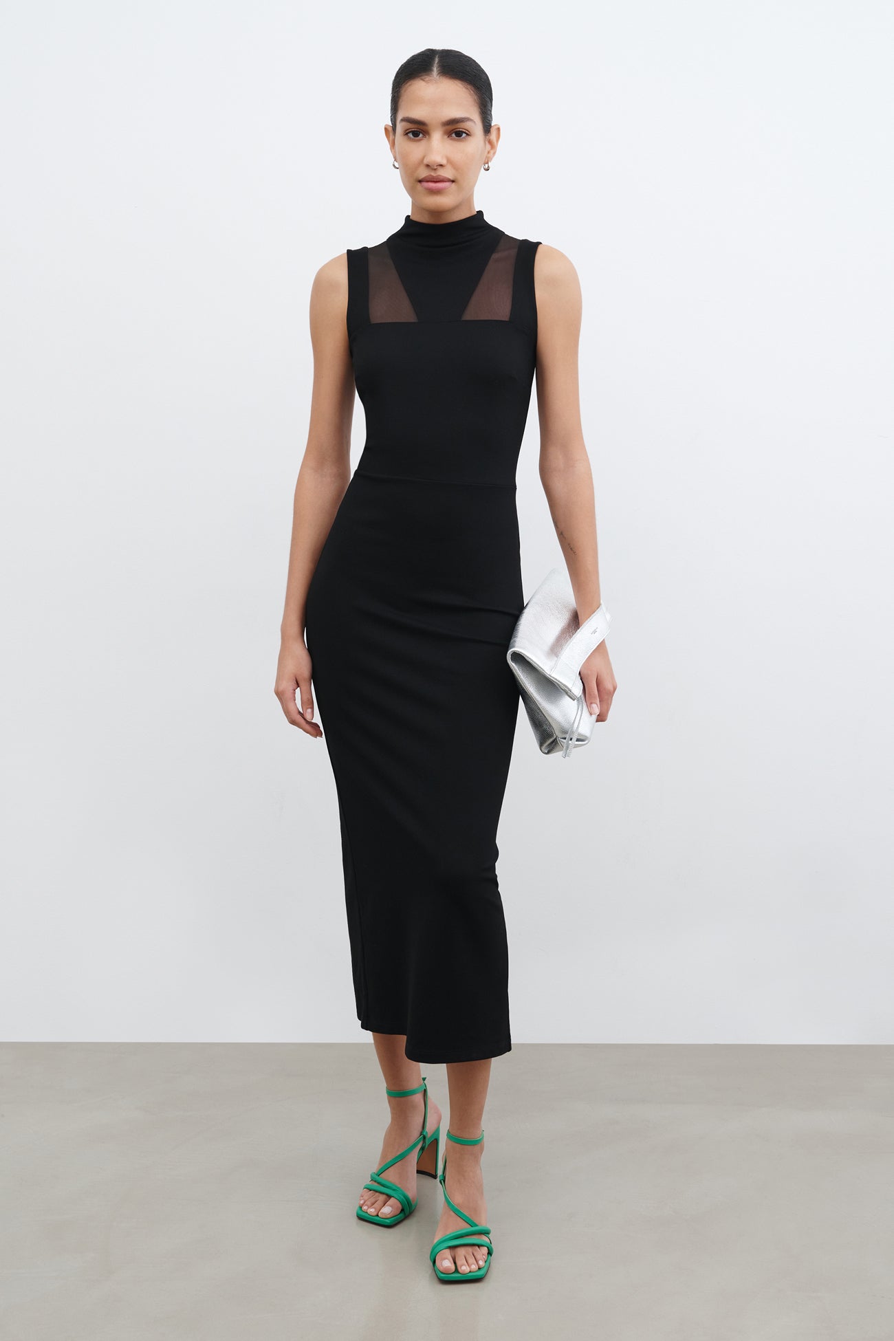 Black Mesh Cutout Midi Cocktail Dress