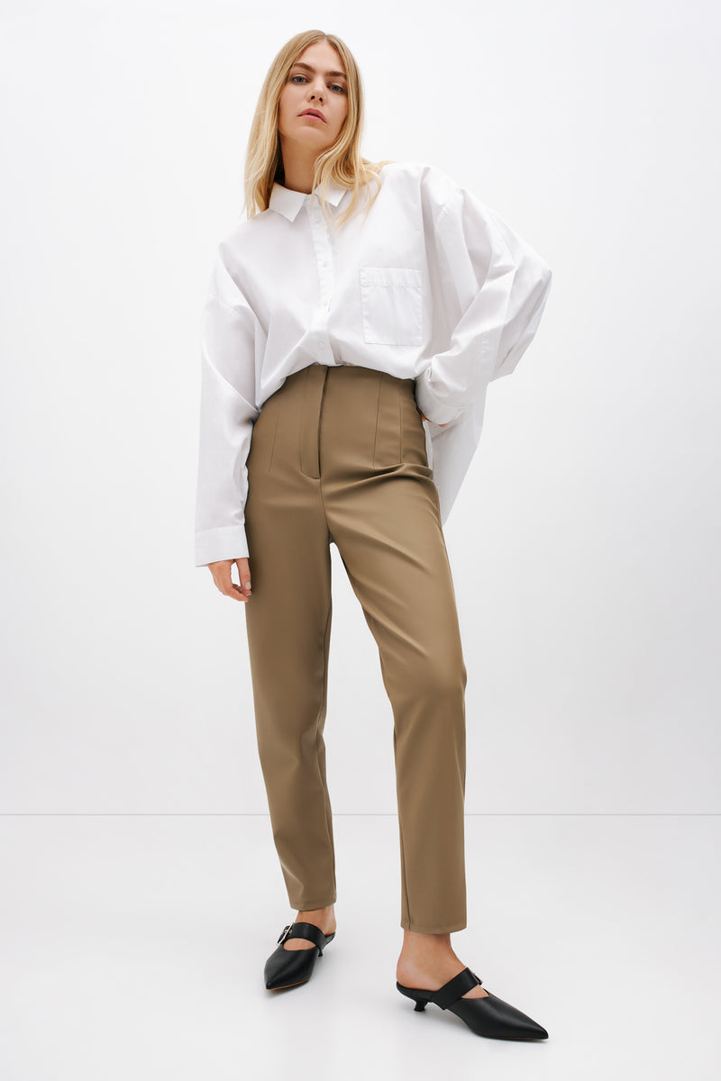 Tan Tapered Faux Leather High Rise Trousers - Remi Pants