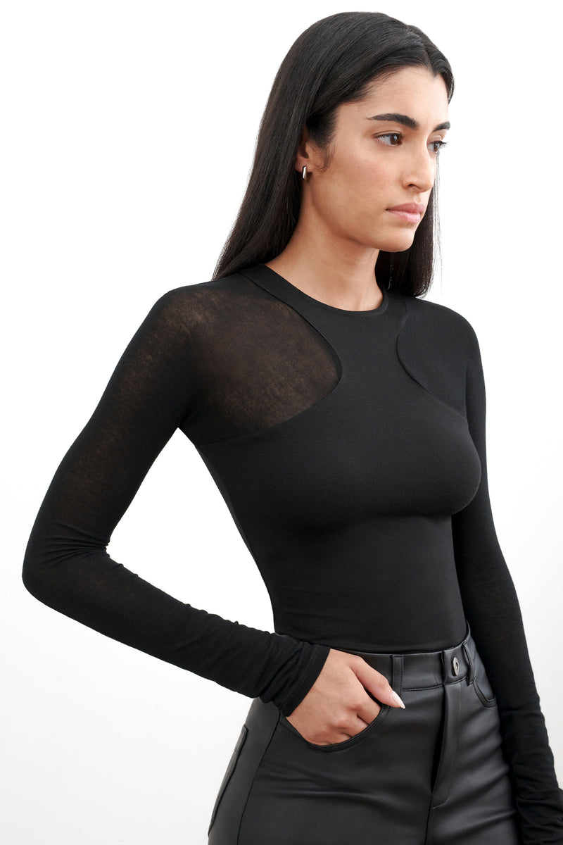 Black Long Sleeve Sheer Panel Top - Yada Top | Marcella