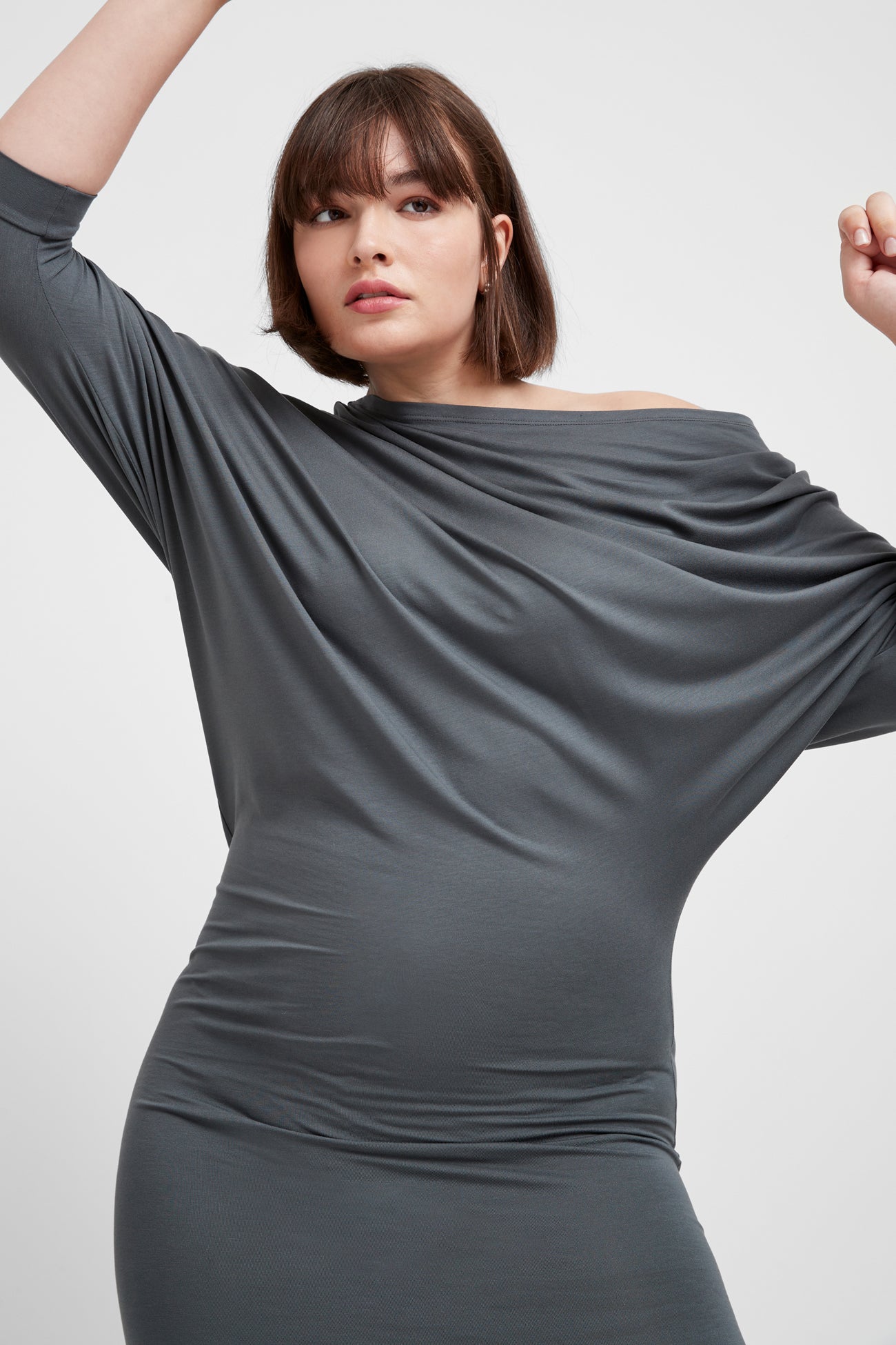 Black Boatneck Long Sleeve Midi Dress