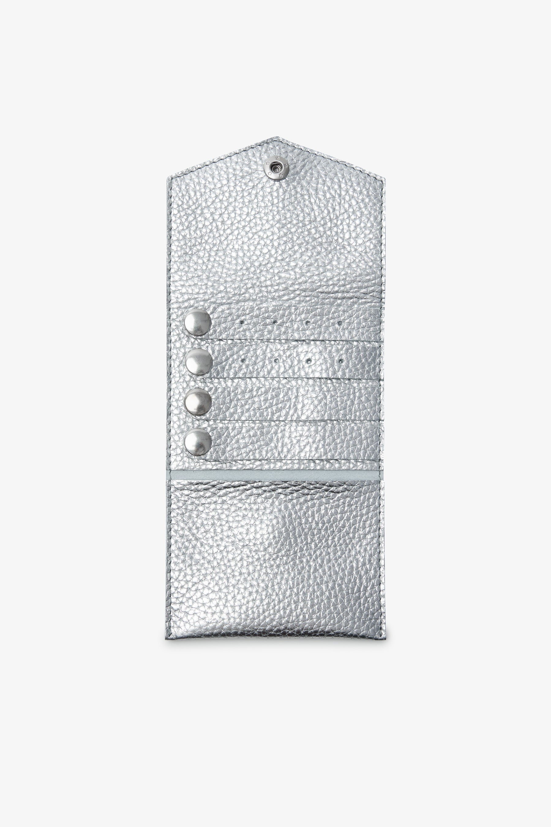 Silver textured pouch with snap closure and four interior compartments separated by metal buttons.