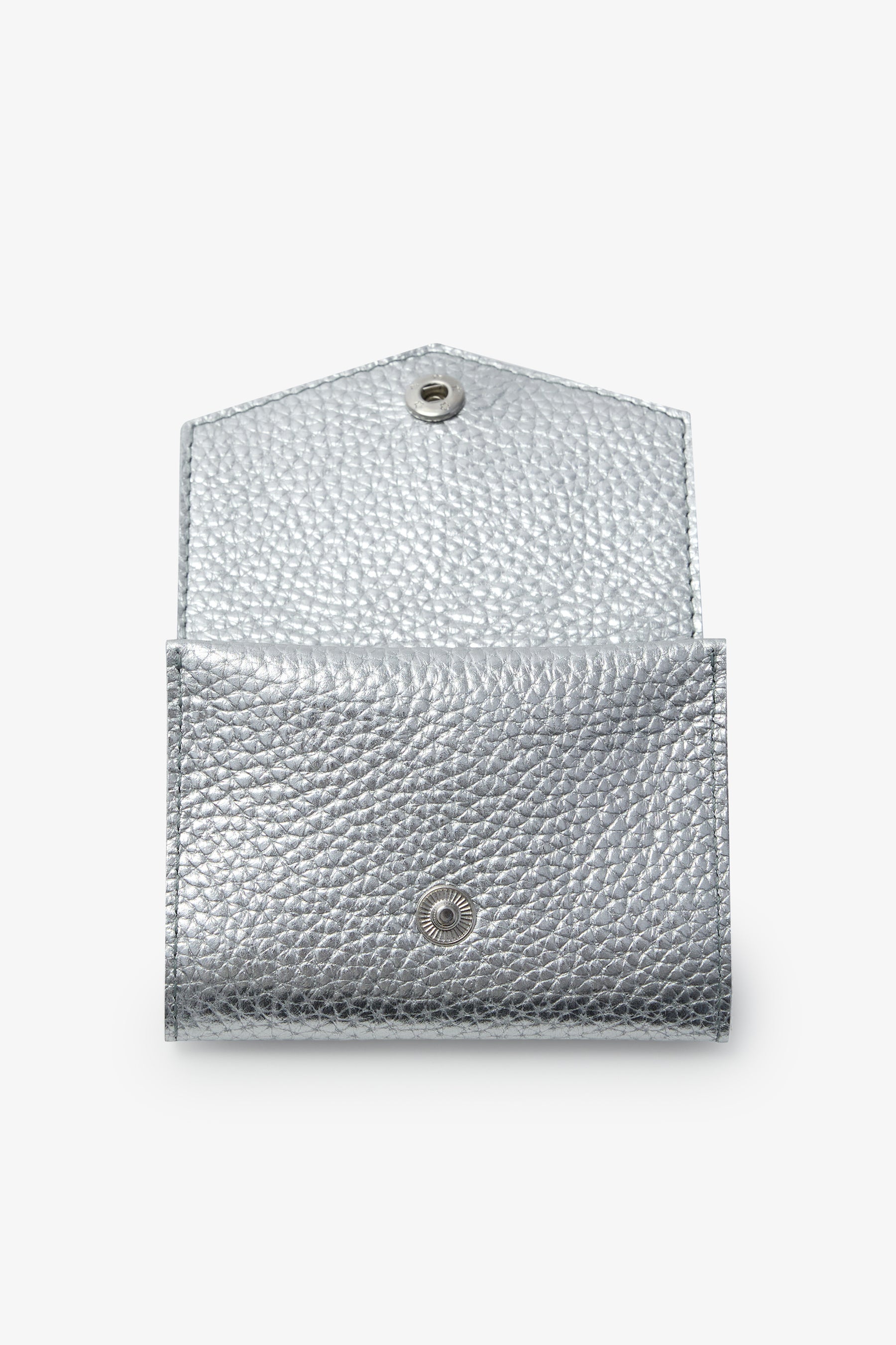 Silver metallic textured pouch with snap button closure, shown open to display interior lining.