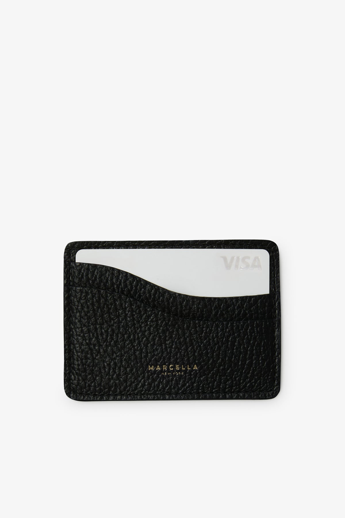 Black leather card holder with textured surface, single card slot, and gold "Marcella" branding, holding one white Visa card.