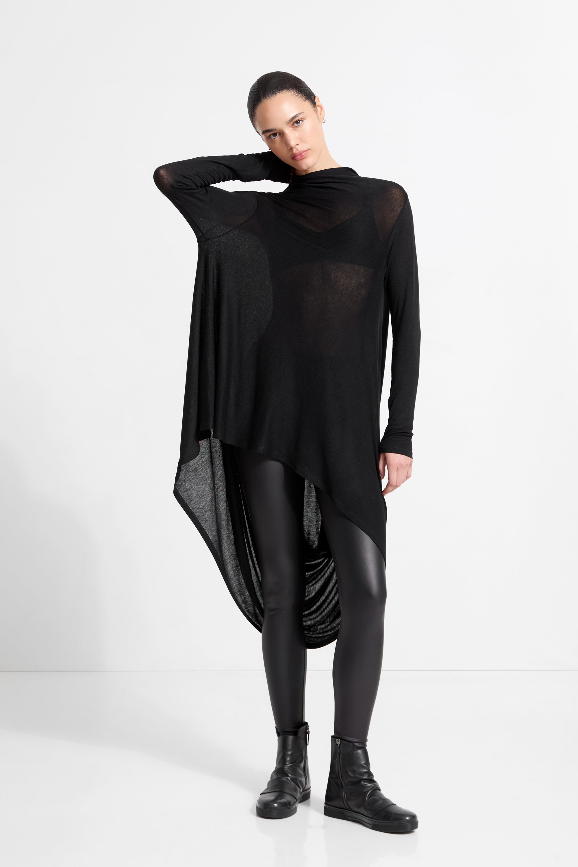Iris Tunic | Black Sheer European Jersey Asymmetric Top
