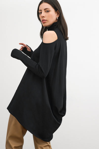 【美品】LAYERED LIKE SWEAT DRESS Black High Neck Cutout Pullover - Zoya Sweatshirt Tunic