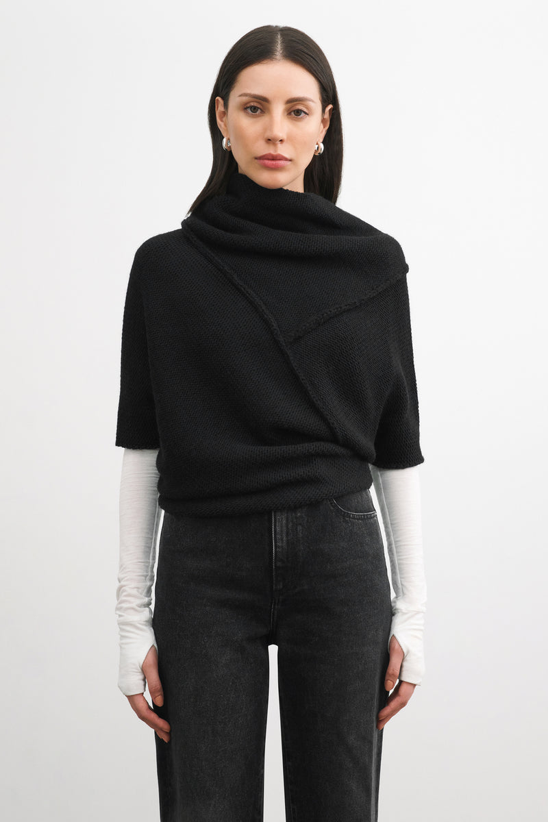 Black Short Sleeve Asymmetric Pullover - Palmer Knit Top | Marcella