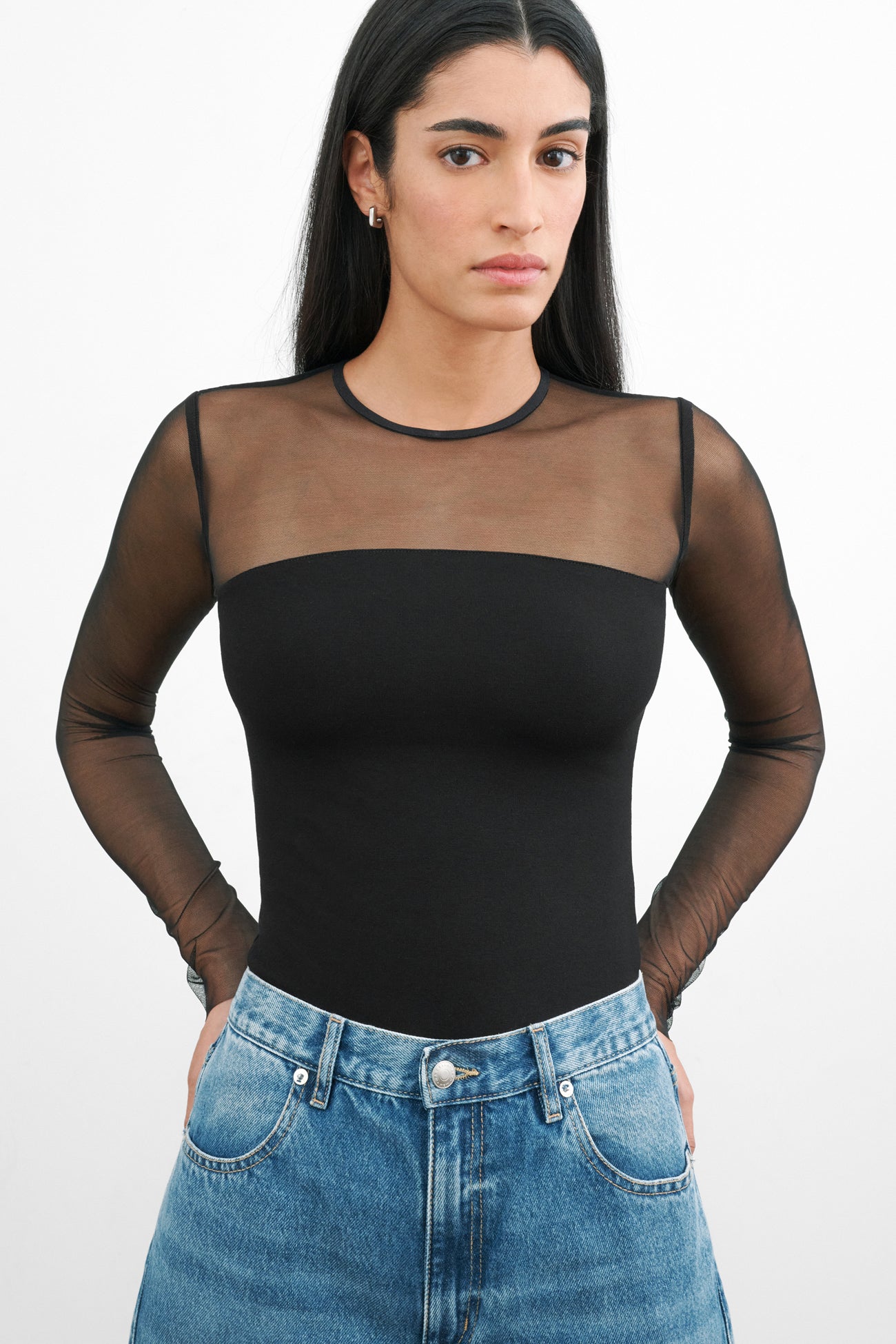 Sheer Black Long Sleeve Blouse Astra Mesh Top Marcella