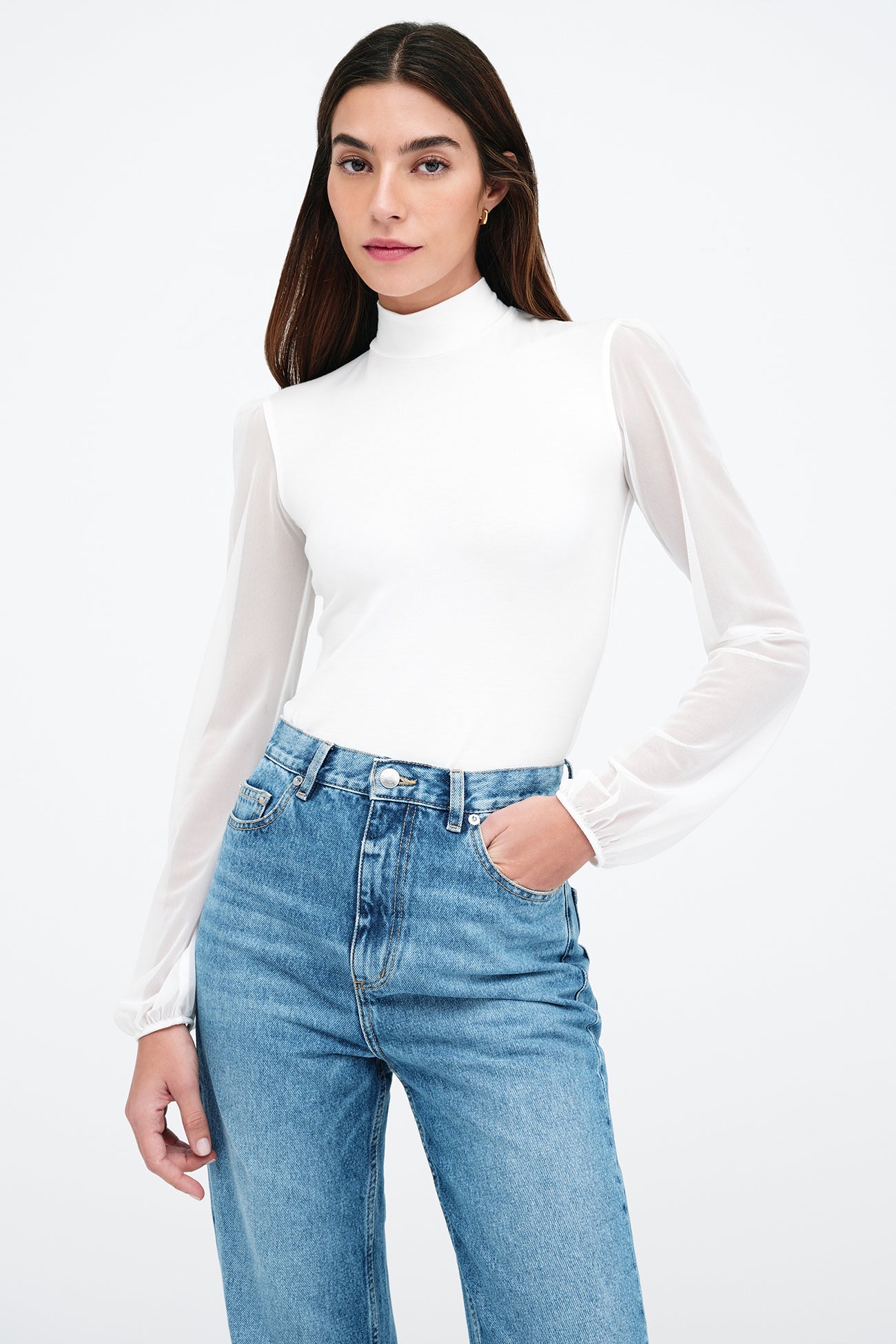 Off White Fitted Mock Neck Sheer Sleeve Top - Liv Top | Marcella