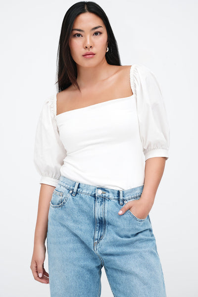 Off White Fitted Square Neck Puff Sleeve Top - Alana Top