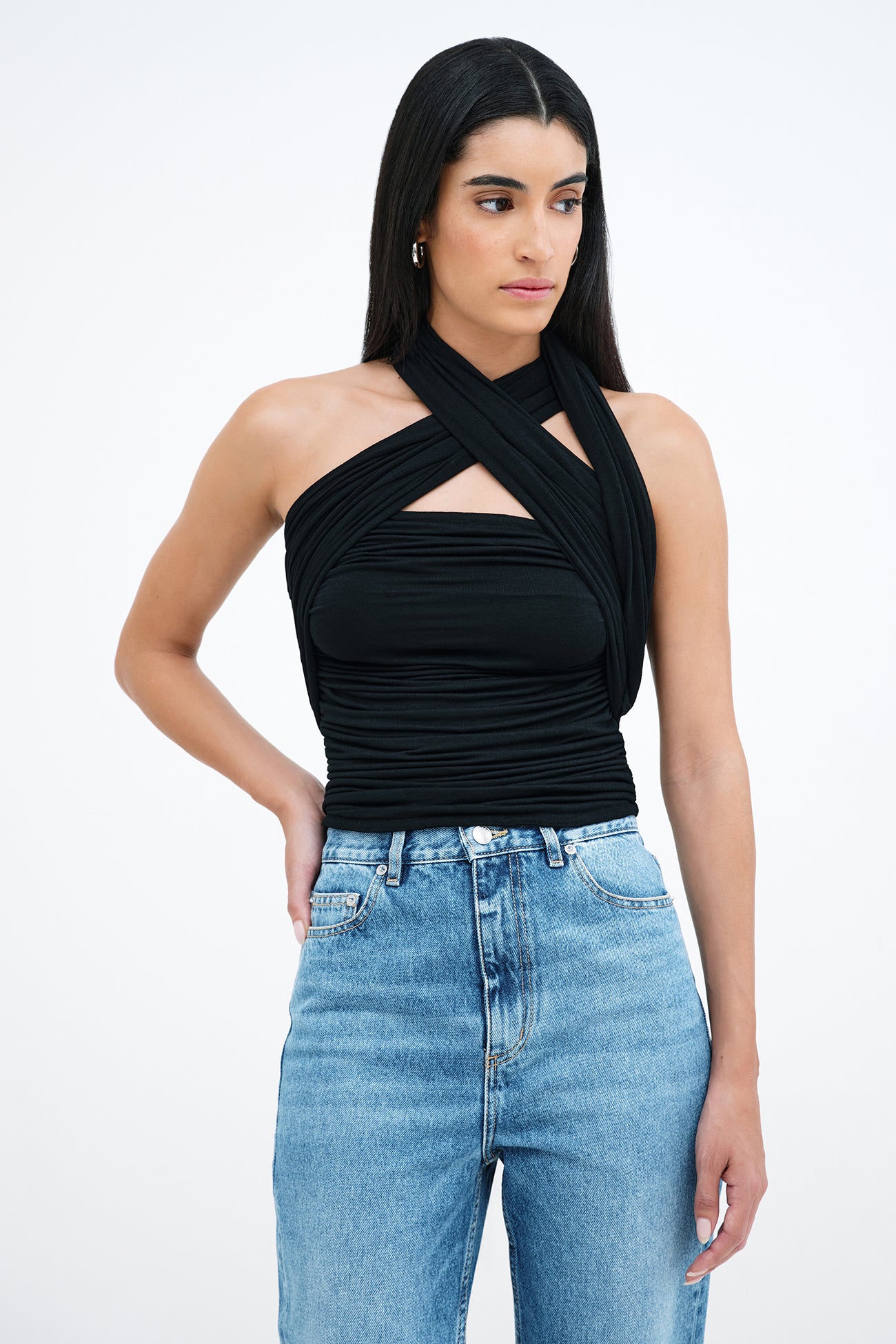 Black Fitted Convertible Gathered Top - Alyssa Infinity Top | Marcella