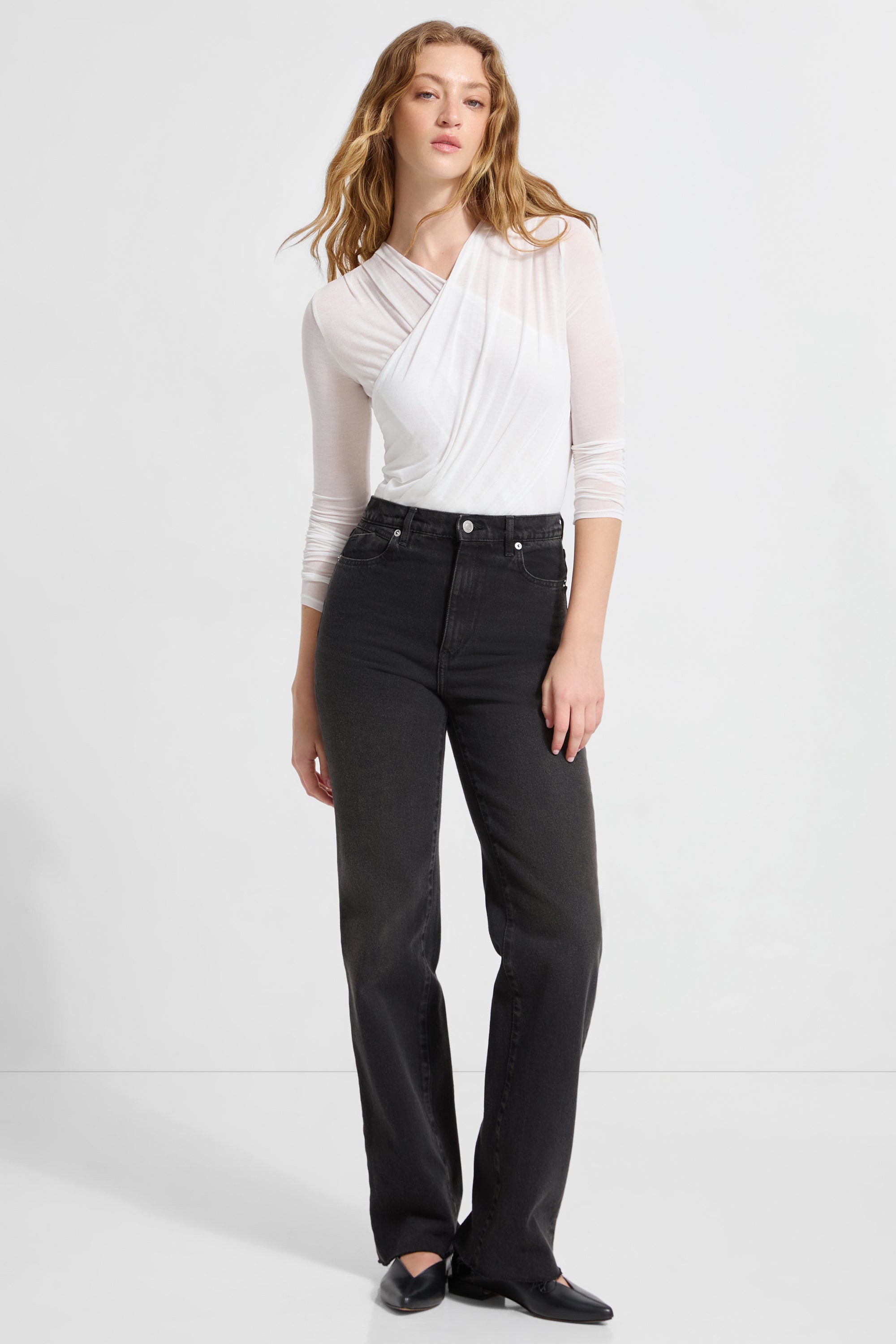 Sheer White Gathered Faux-Wrap Bodysuit Top - Ames Bodysuit | Marcella