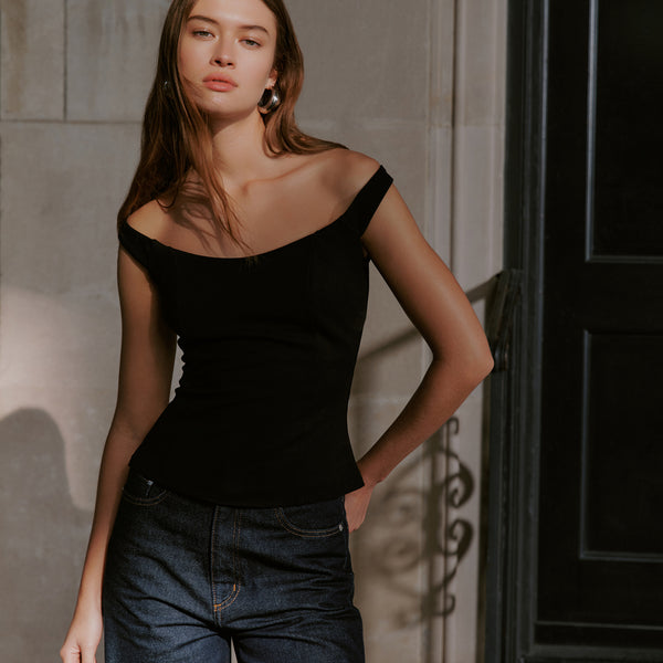 Fitted Sleeveless Black Off-Shoulder Top - Eliana Top | Marcella