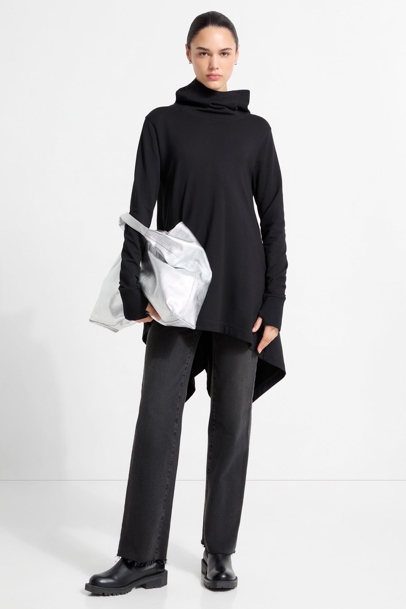 Daria Hooded Tunic | Black Light French Terry Thumbhole