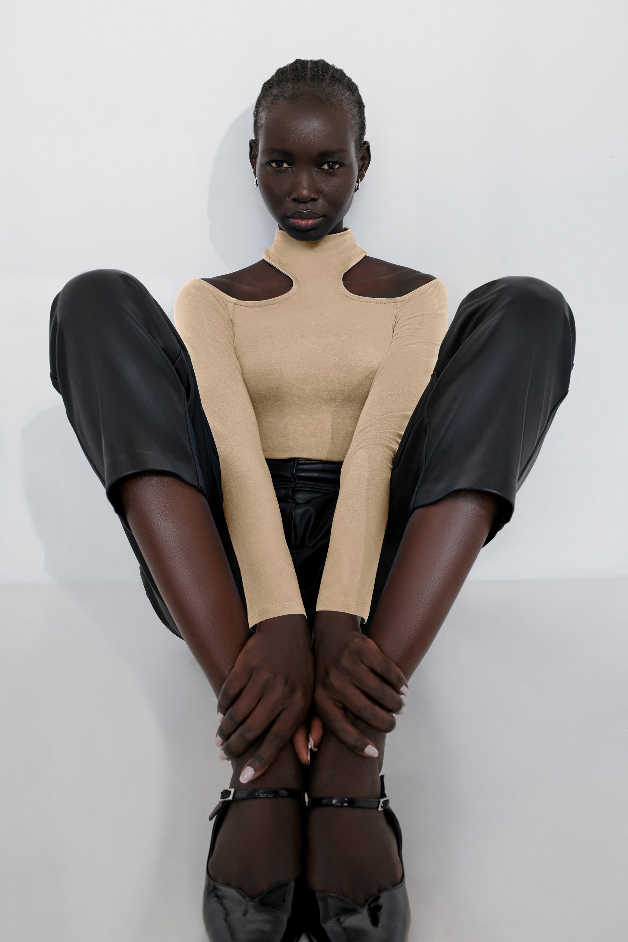 Beige Cold Shoulder Cut-Out Turtleneck Top - Teagan Top | Marcella