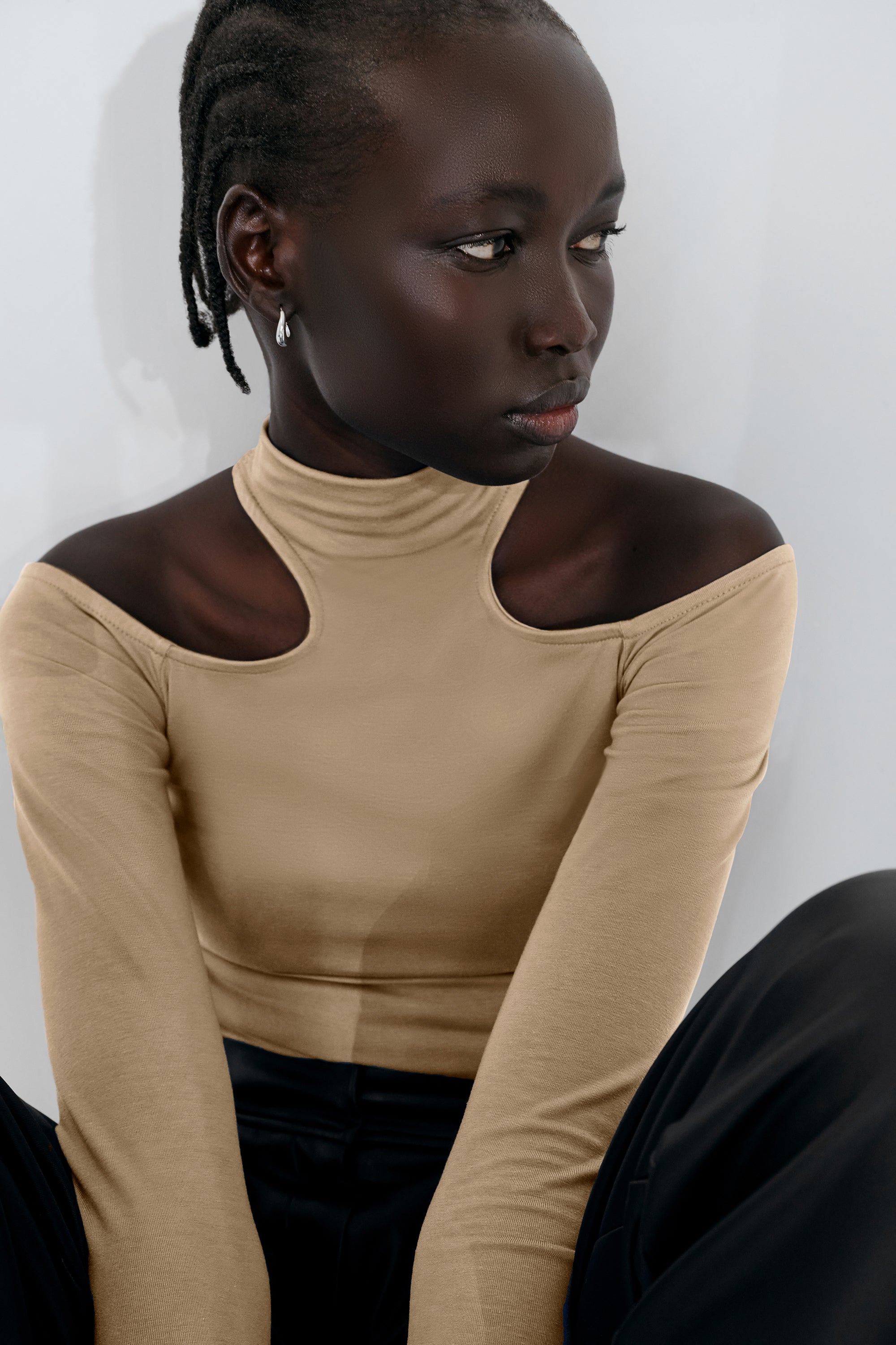 Women's Beige Cold Shoulder Cut-Out Turtleneck Top - Teagan Top