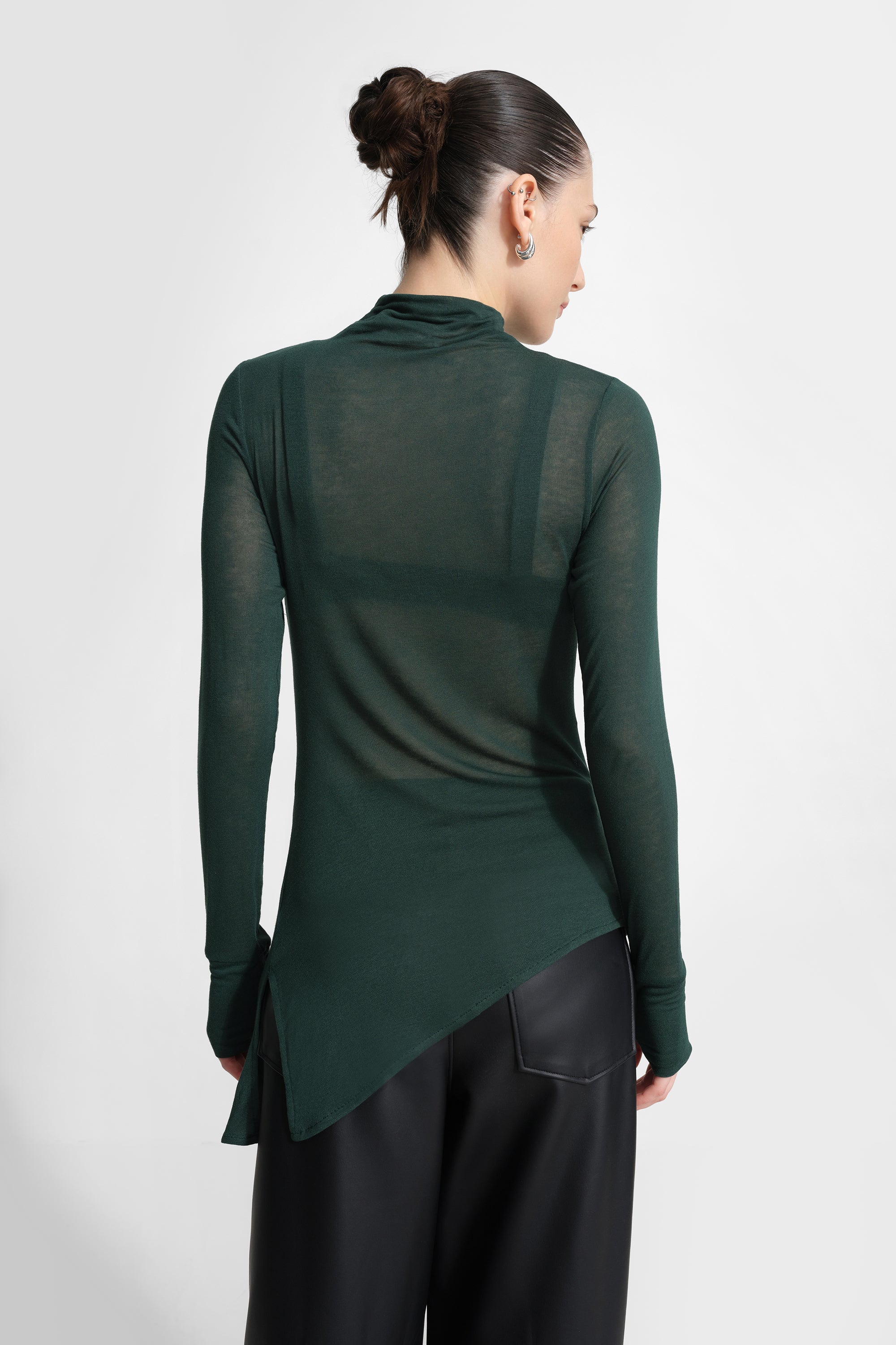 Arden Top | Forest Green Sheer Jersey Asymmetric Tunic