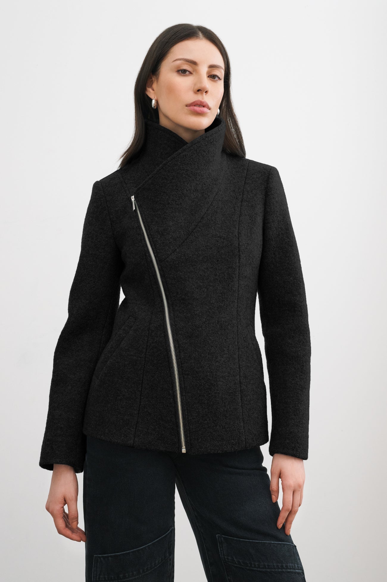 Grey Asymmetric Zip Up Wool Coat - Essex Jacket | Marcella