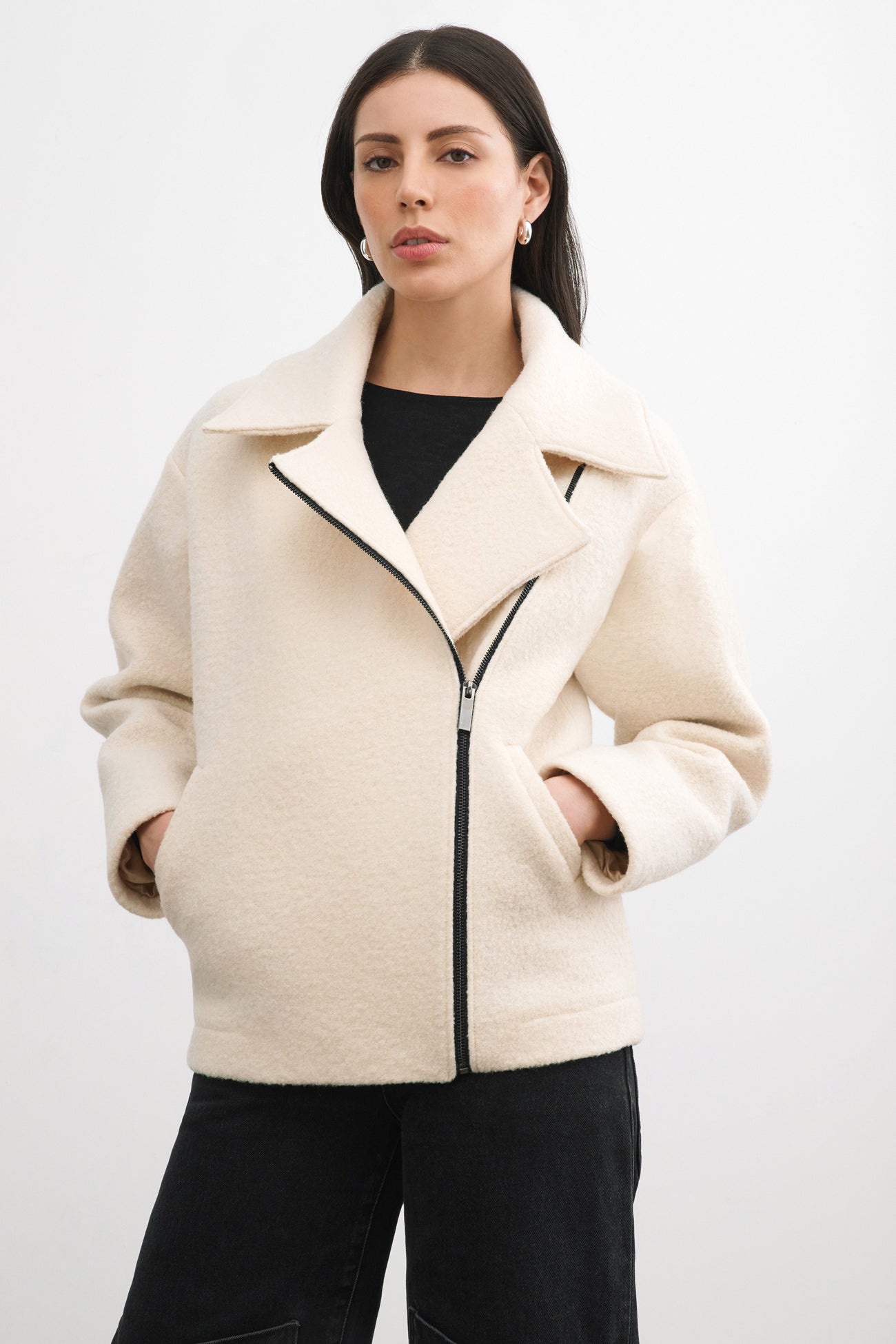 Off White Wool Zip Up Coat - Cream Harvey Jacket | Marcella