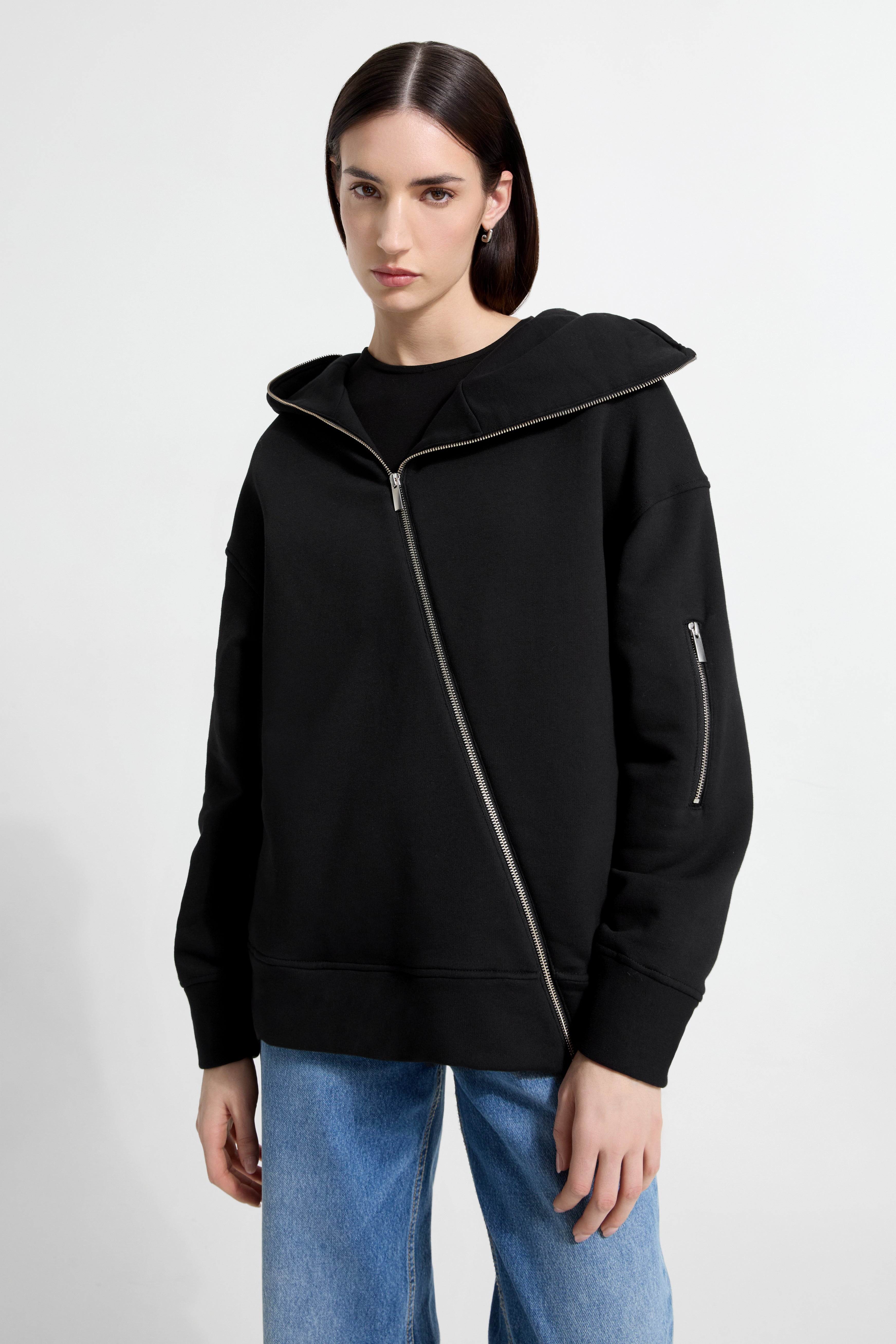 Black Oversized Zip-Up Sweatshirt with Hood - Dupont Hoodie | Marcella