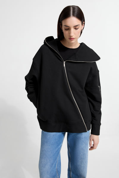 Women's Black Oversized Zip-Up Sweatshirt with Hood - Dupont