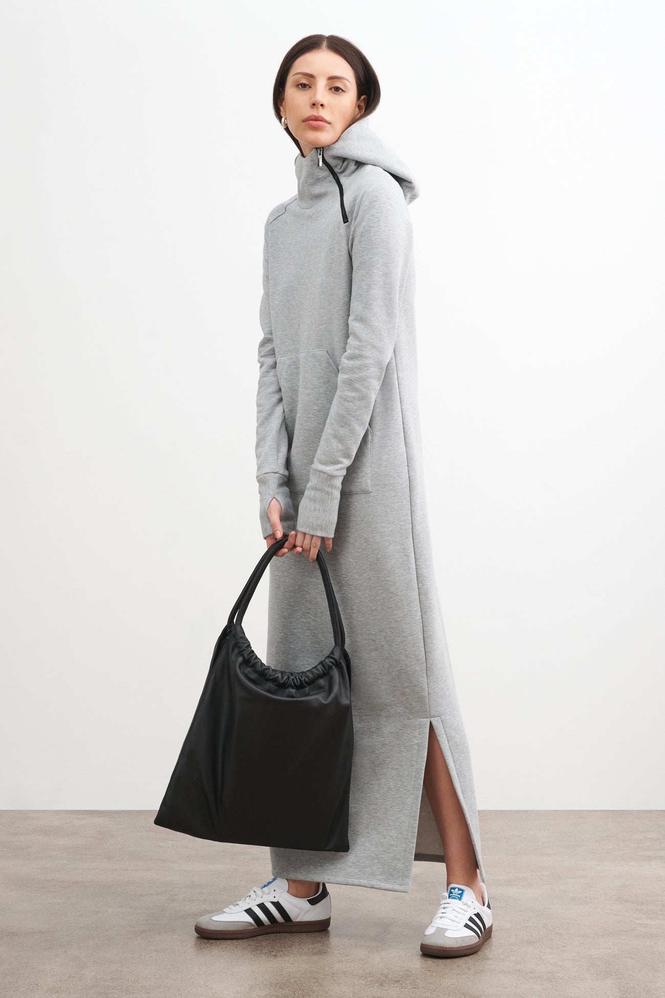 Marcella | Sweatshirt Maxi Dress | Long Sleeve Hoodie | Winter Sweater | Melange Grey | Casual French Terry | Thumbholes | Pockets Marcella | Sweatshirt Maxi Dress | Long Sleeve Hoodie | Winter Sweater | Melange Grey | Casual French Terry | Thumbholes | Pockets