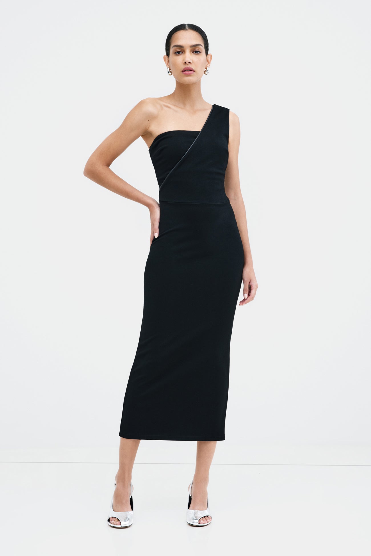 Black Asymmetric One Shoulder Evening Midi - Nina Dress | Marcella